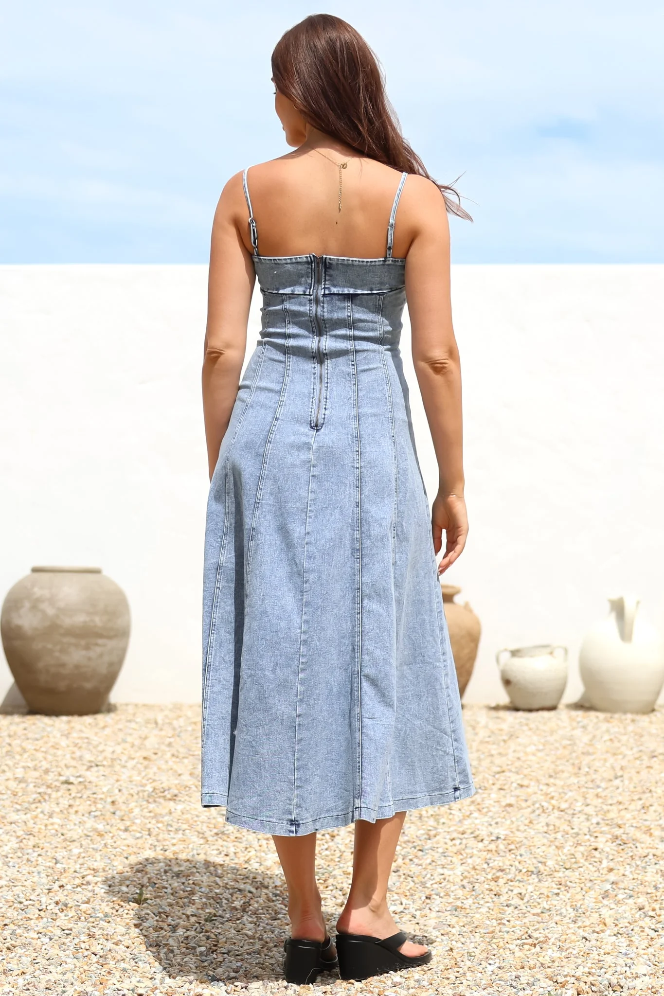 Tasha Midi Dress - Spaghetti Strap A-Line Denim Sun Dress in Light Denim - Image 8