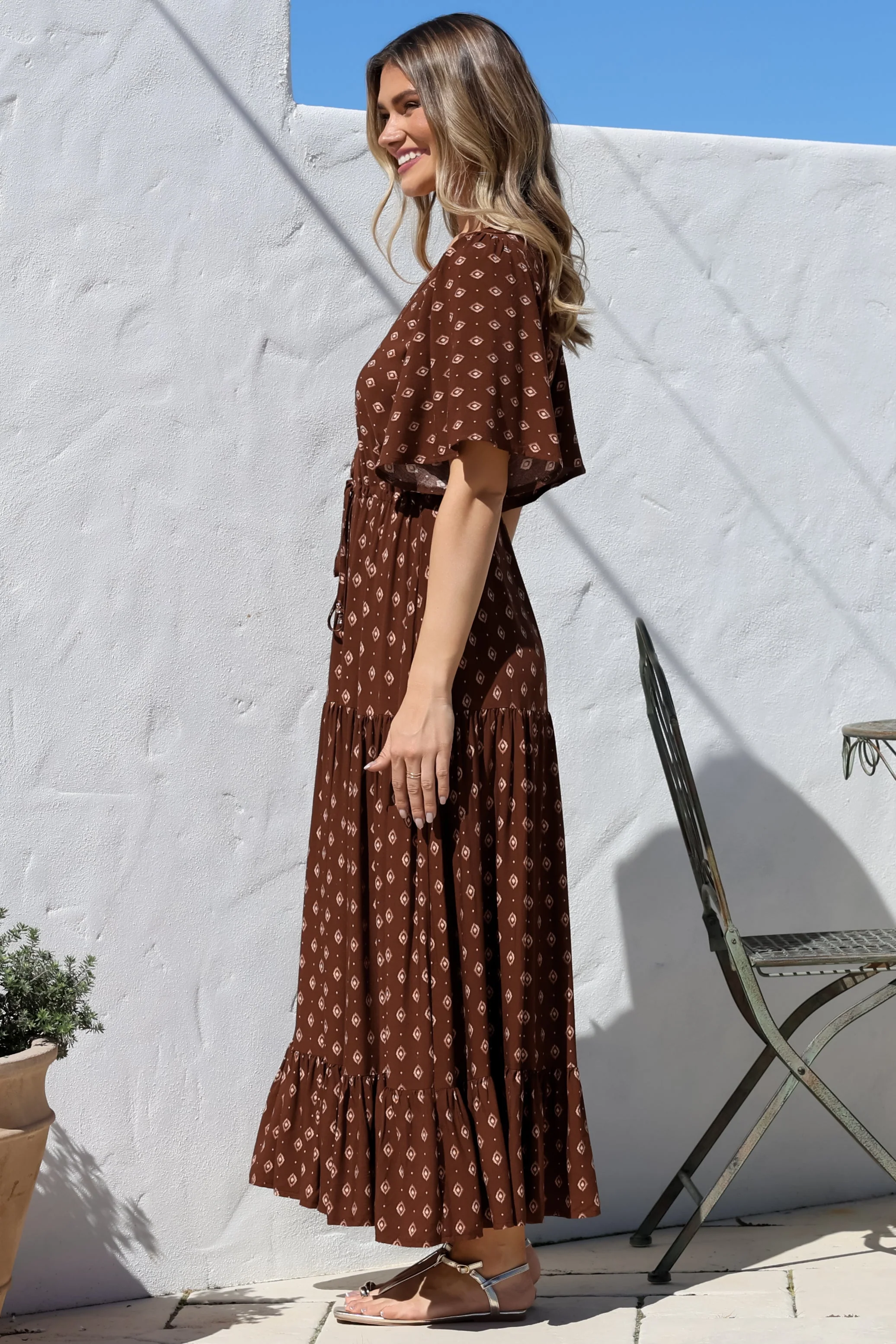 Tassia Maxi Dress - Buttoned Bodice Pull Tie Waist Dress in Kendy Print - Image 13
