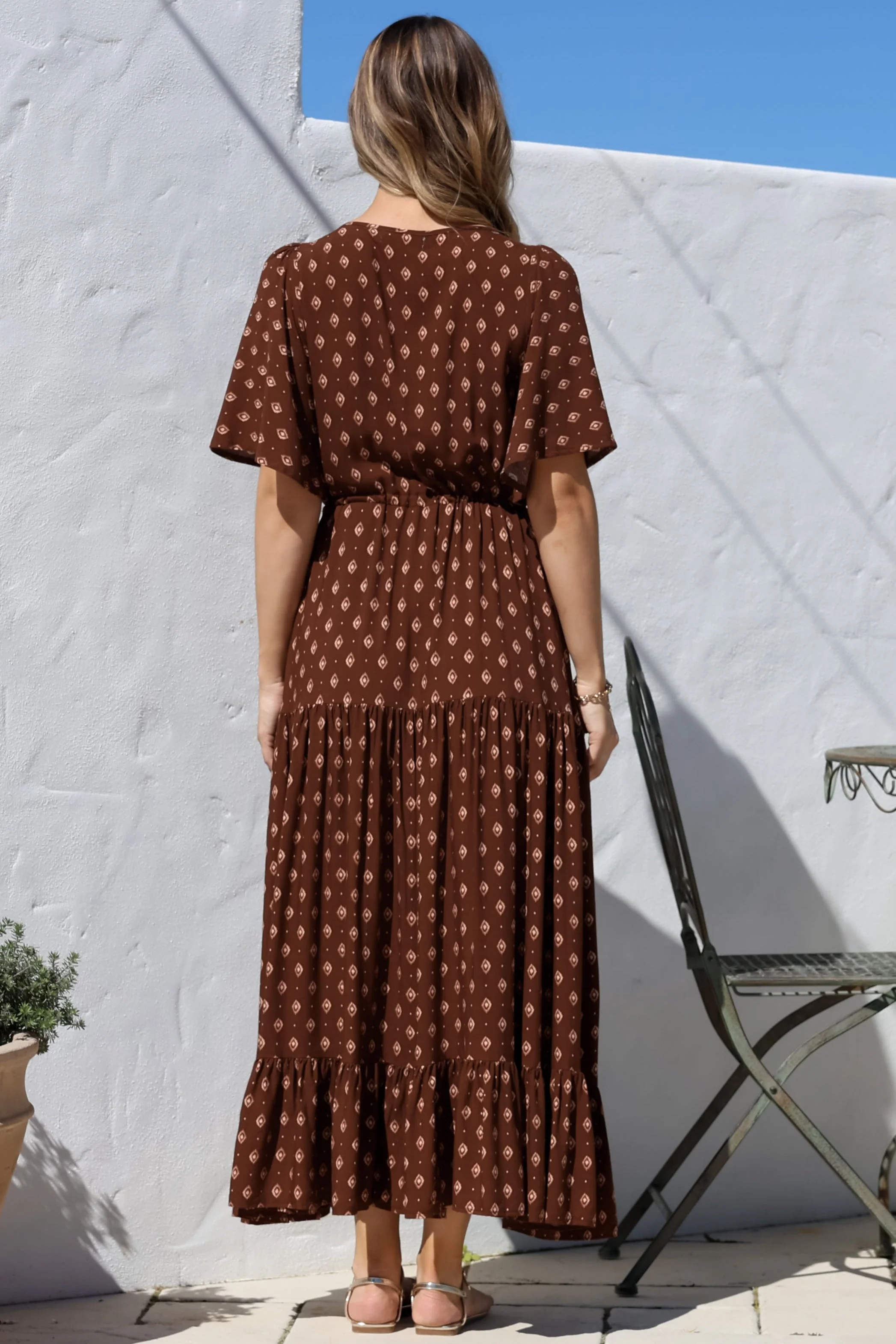 Tassia Maxi Dress - Buttoned Bodice Pull Tie Waist Dress in Kendy Print - Image 14