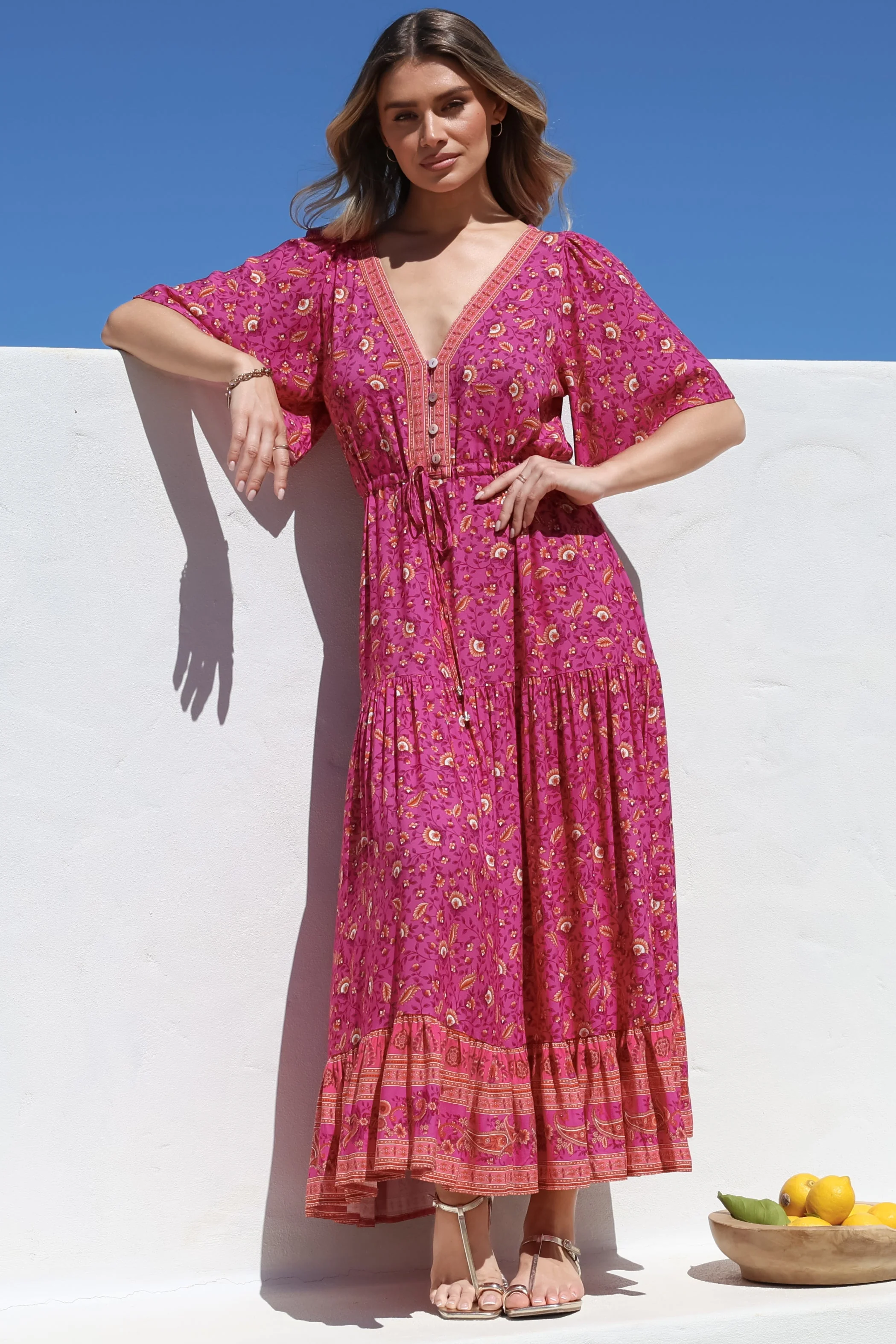 Tassia Maxi Dress - Buttoned Bodice Pull Tie Waist Dress in Quinne Print - Image 10