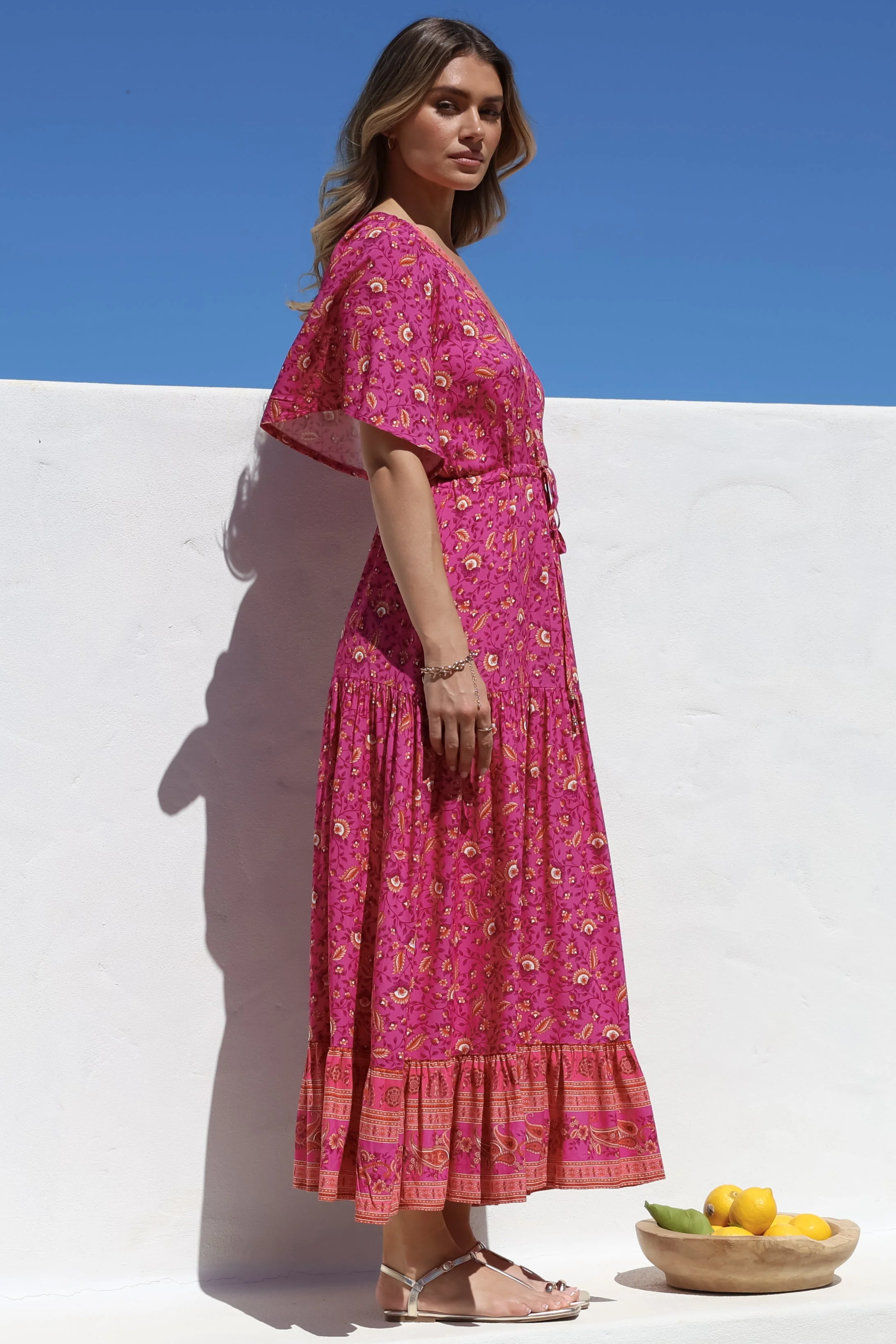 Tassia Maxi Dress - Buttoned Bodice Pull Tie Waist Dress in Quinne Print - Image 11