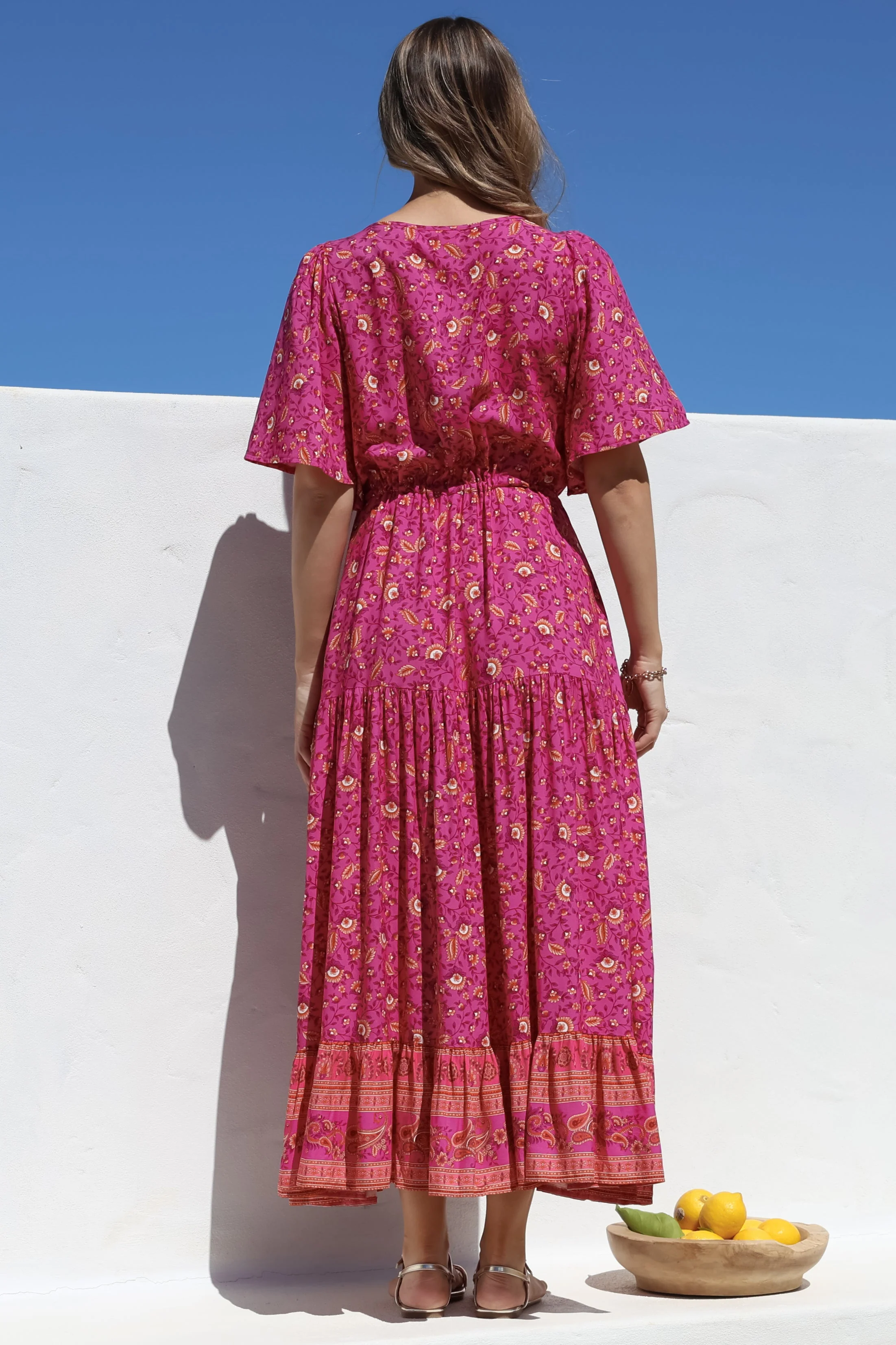 Tassia Maxi Dress - Buttoned Bodice Pull Tie Waist Dress in Quinne Print - Image 12