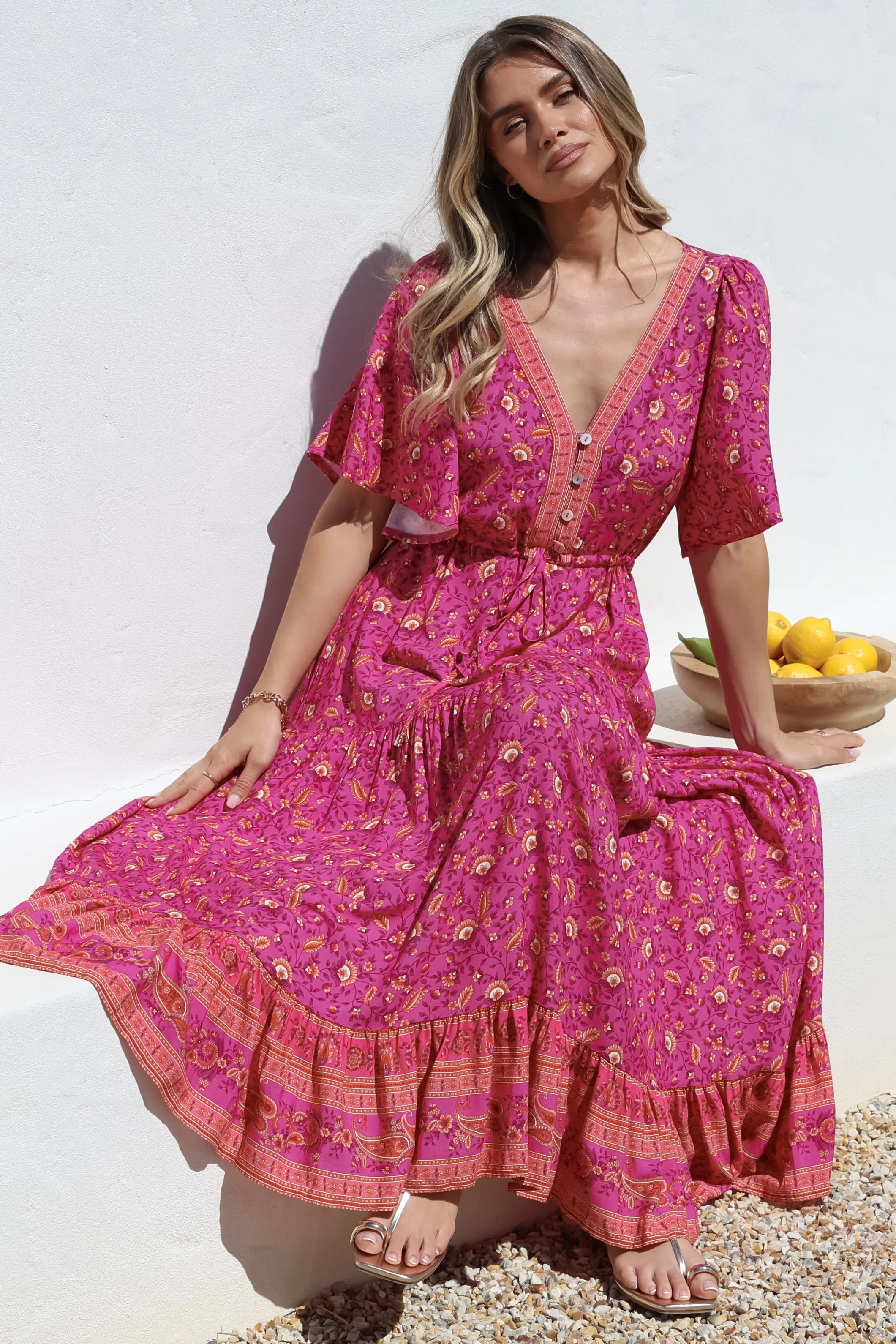 Tassia Maxi Dress - Buttoned Bodice Pull Tie Waist Dress in Quinne Print - Image 3
