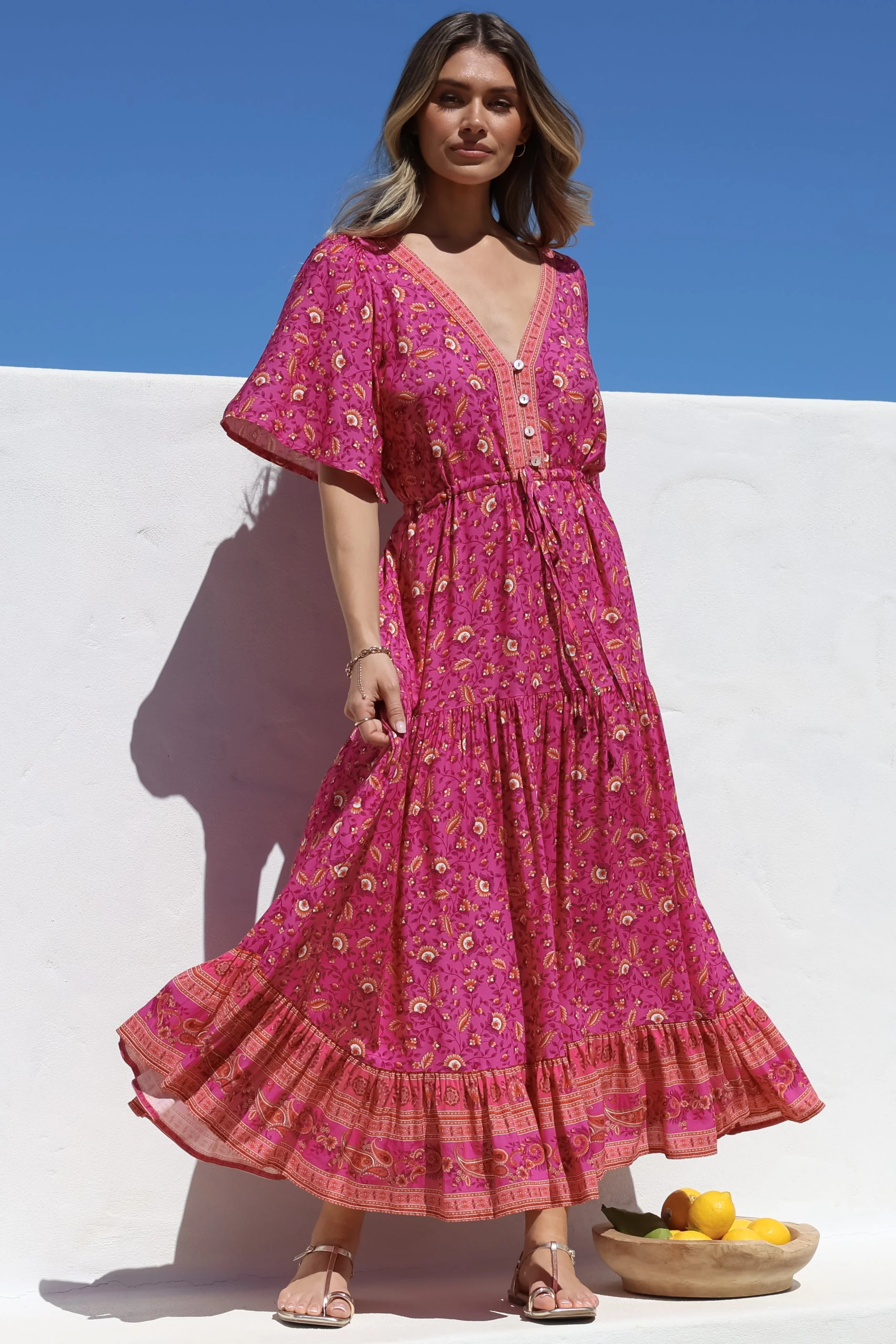 Tassia Maxi Dress - Buttoned Bodice Pull Tie Waist Dress in Quinne Print - Image 4