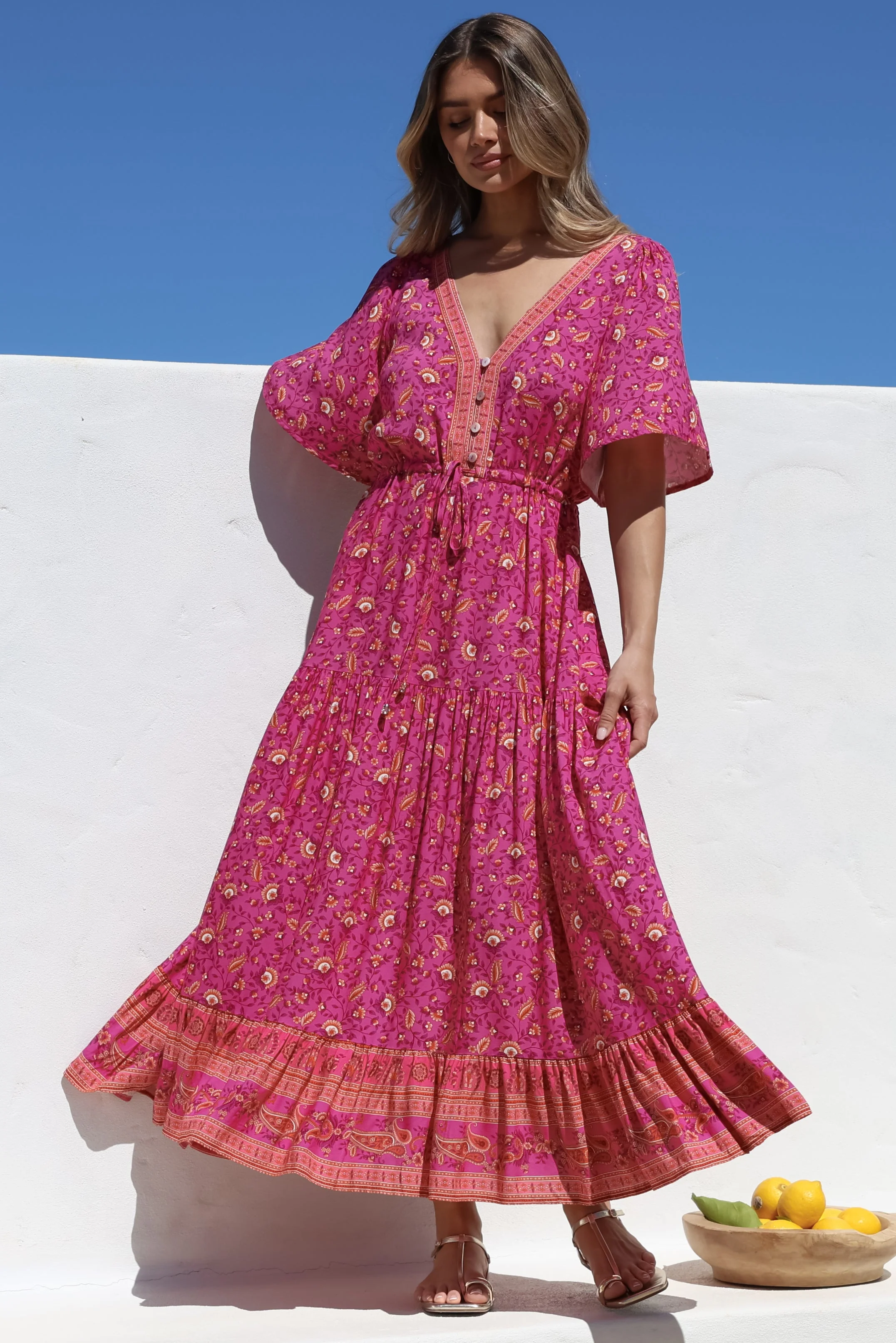 Tassia Maxi Dress - Buttoned Bodice Pull Tie Waist Dress in Quinne Print - Image 6