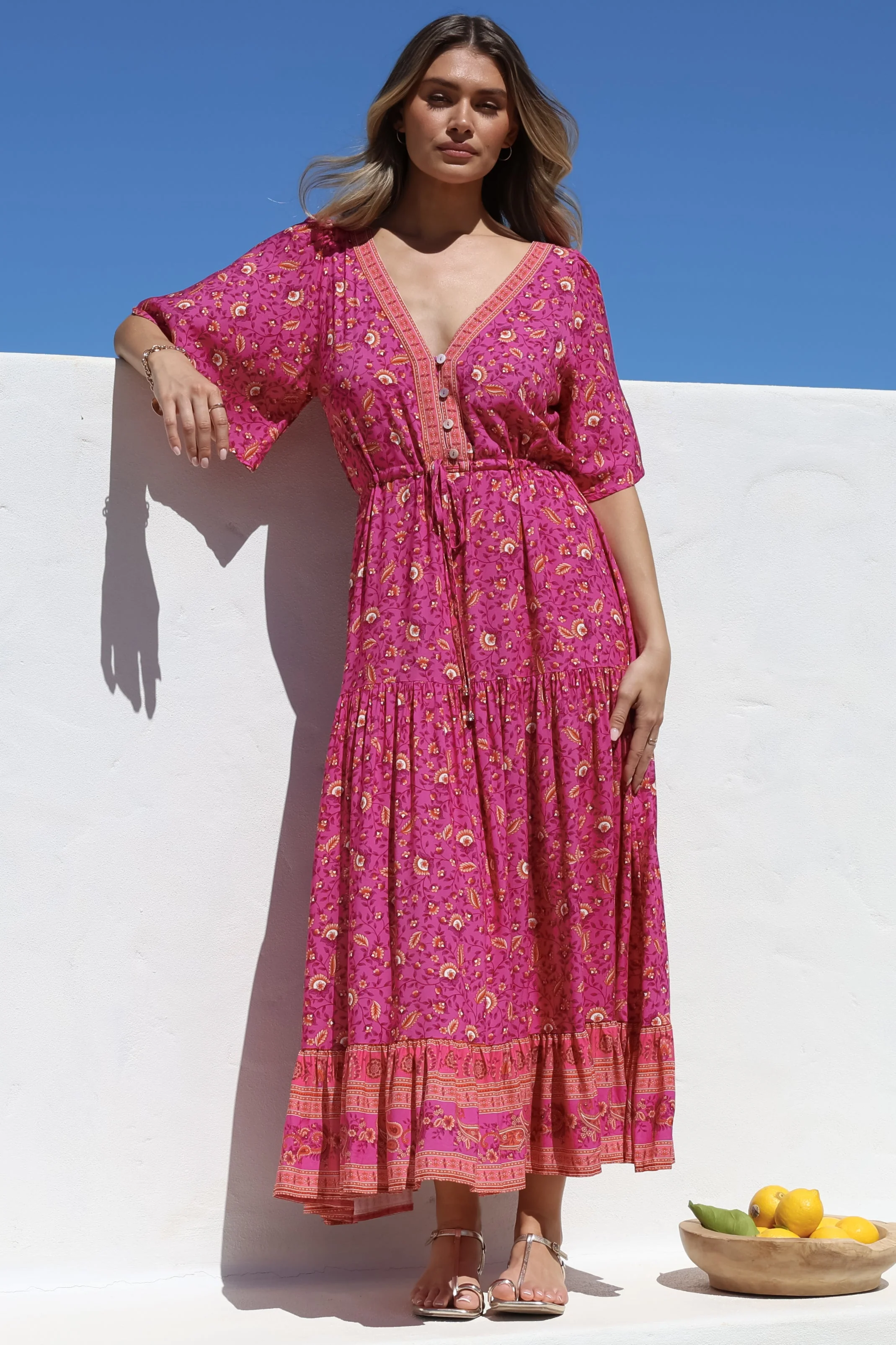 Tassia Maxi Dress - Buttoned Bodice Pull Tie Waist Dress in Quinne Print - Image 7