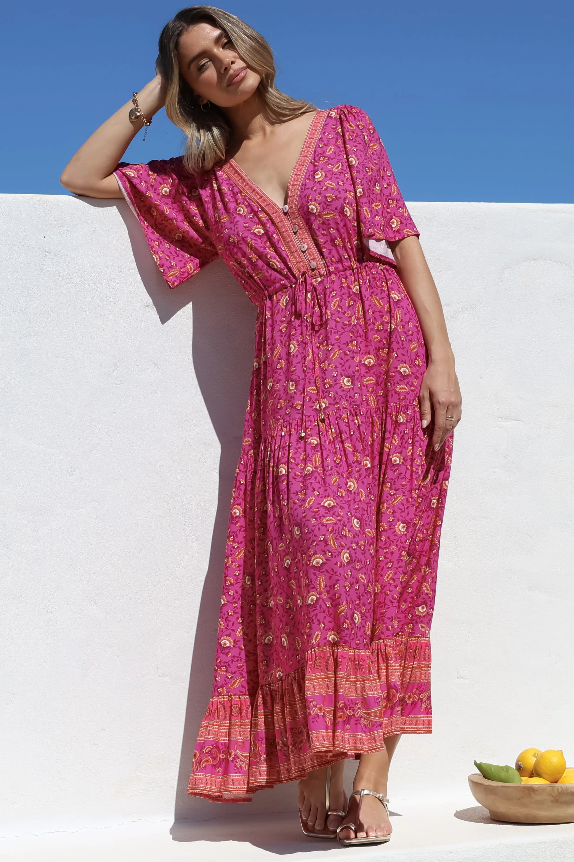 Tassia Maxi Dress - Buttoned Bodice Pull Tie Waist Dress in Quinne Print - Image 9