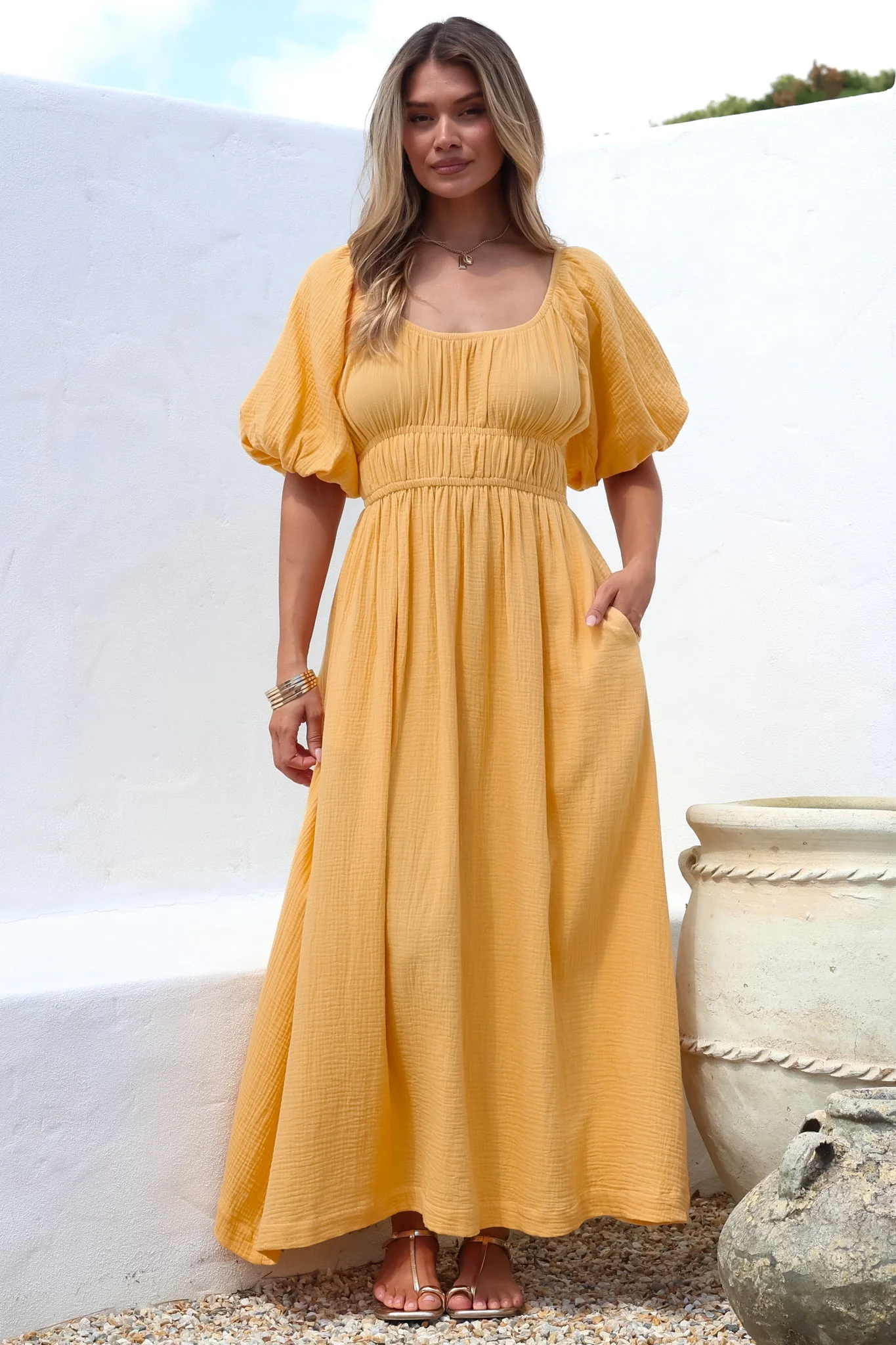 Teddie Maxi Dress - On or Off Shoulder Gathered Waist A-Line Dress in Mustard - Image 2