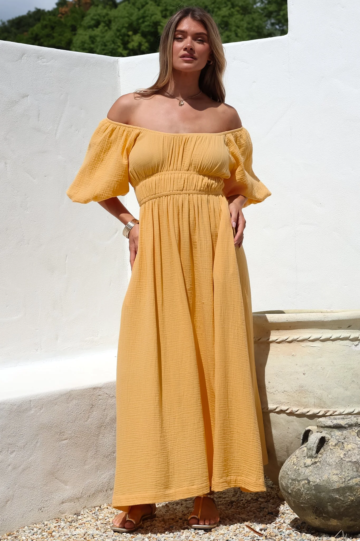 Teddie Maxi Dress - On or Off Shoulder Gathered Waist A-Line Dress in Mustard - Image 4