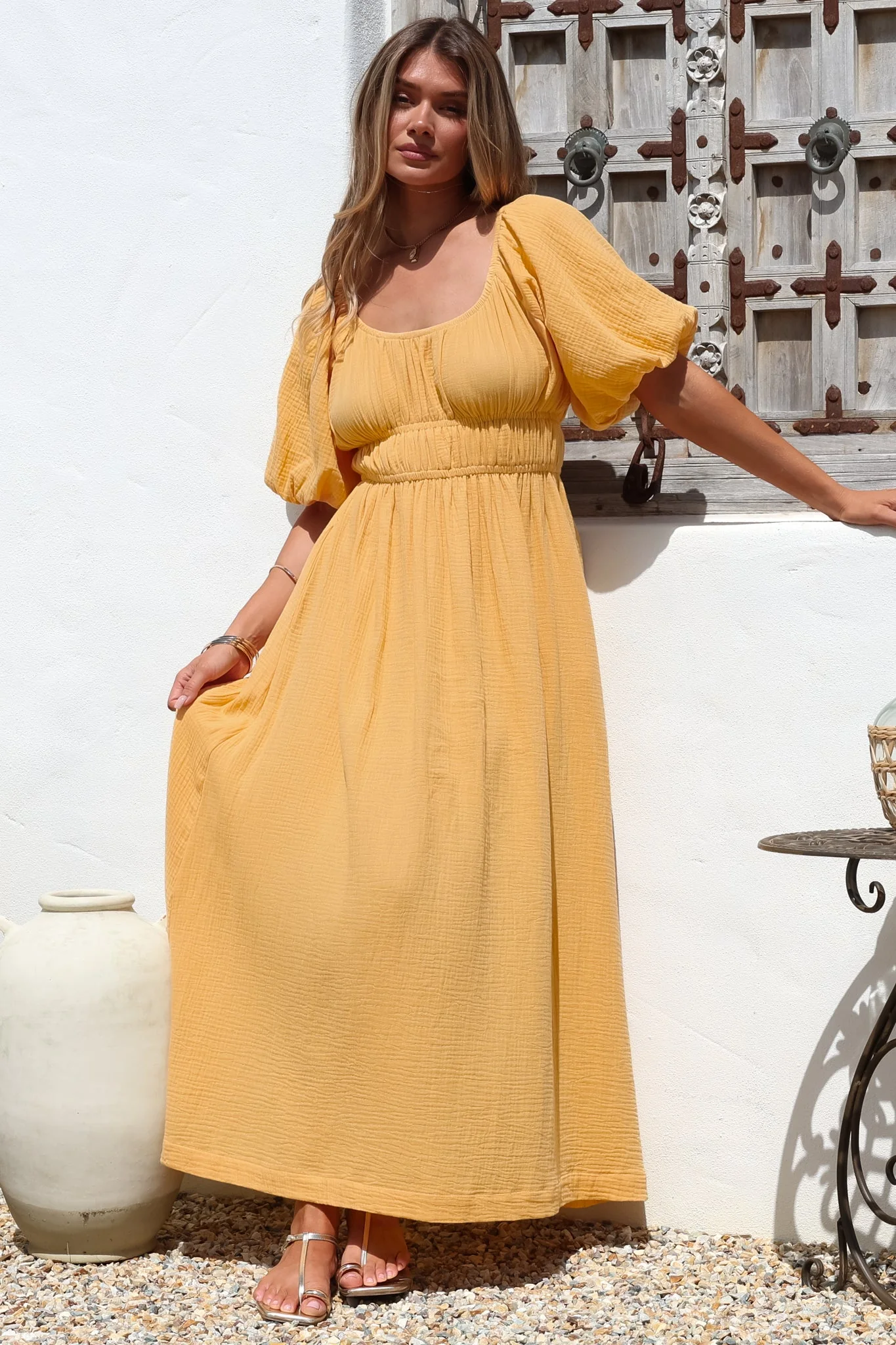 Teddie Maxi Dress - On or Off Shoulder Gathered Waist A-Line Dress in Mustard - Image 5