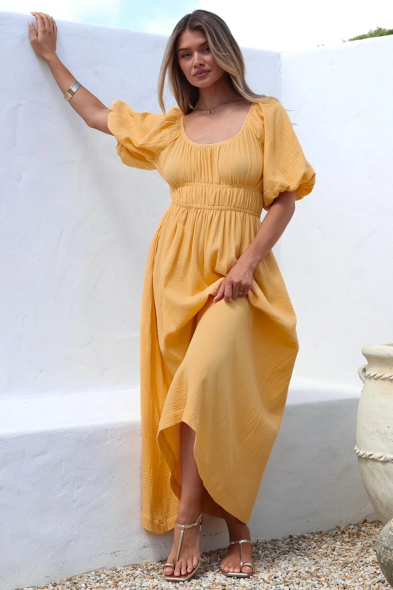 Teddie Maxi Dress - On or Off Shoulder Gathered Waist A-Line Dress in Mustard - Image 6