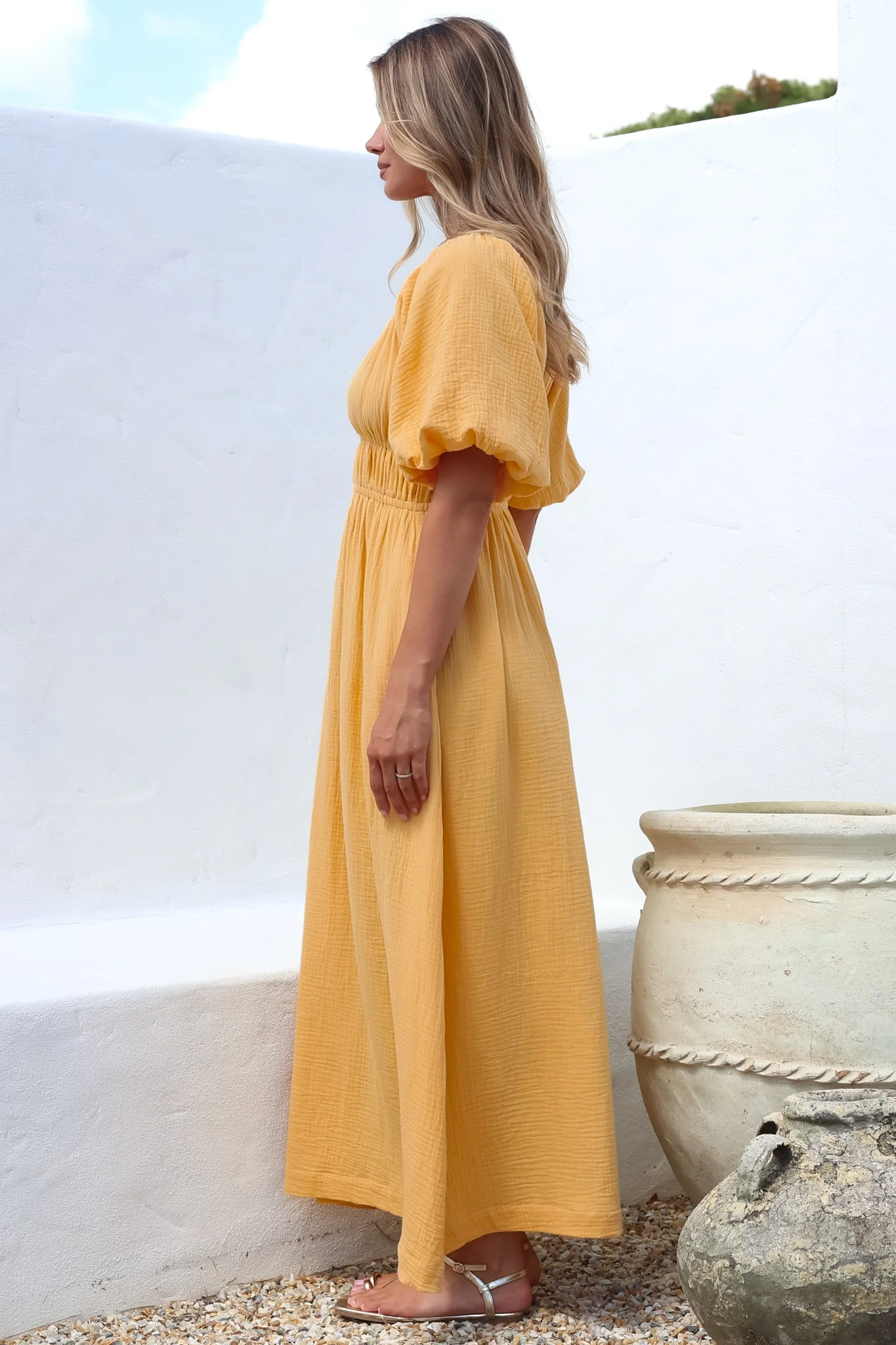 Teddie Maxi Dress - On or Off Shoulder Gathered Waist A-Line Dress in Mustard - Image 7