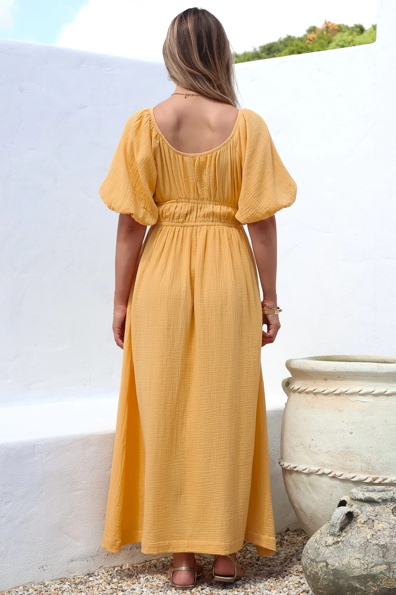 Teddie Maxi Dress - On or Off Shoulder Gathered Waist A-Line Dress in Mustard - Image 8