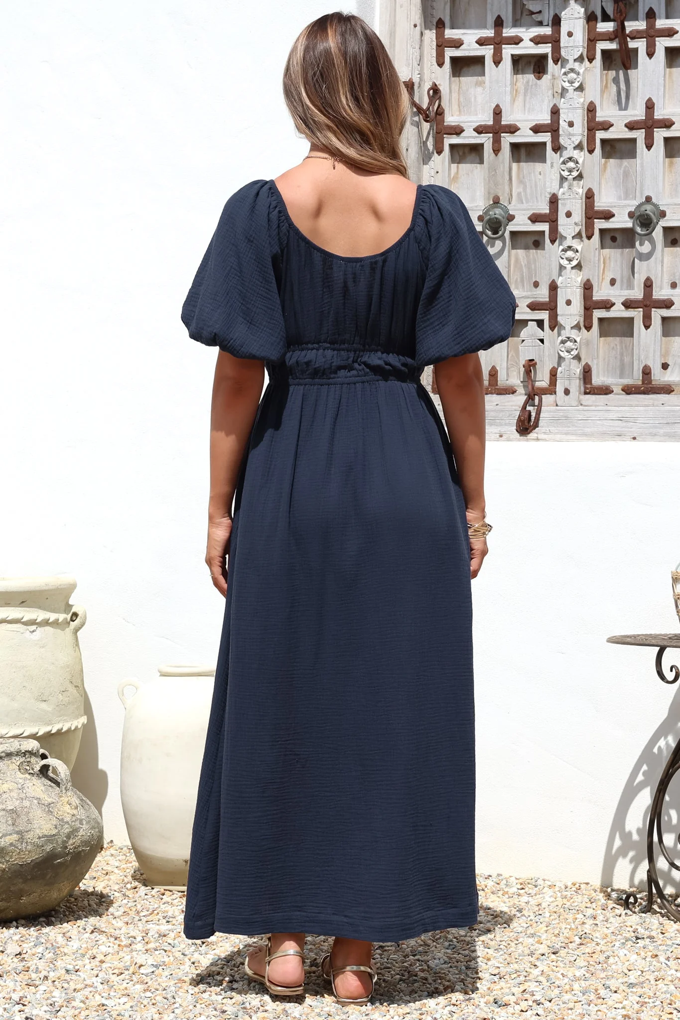 Teddie Maxi Dress - On or Off Shoulder Gathered Waist A-Line Dress in Navy - Image 10