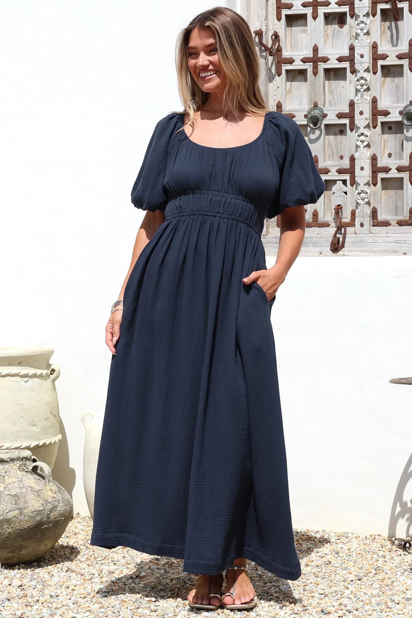 Teddie Maxi Dress - On or Off Shoulder Gathered Waist A-Line Dress in Navy - Image 3