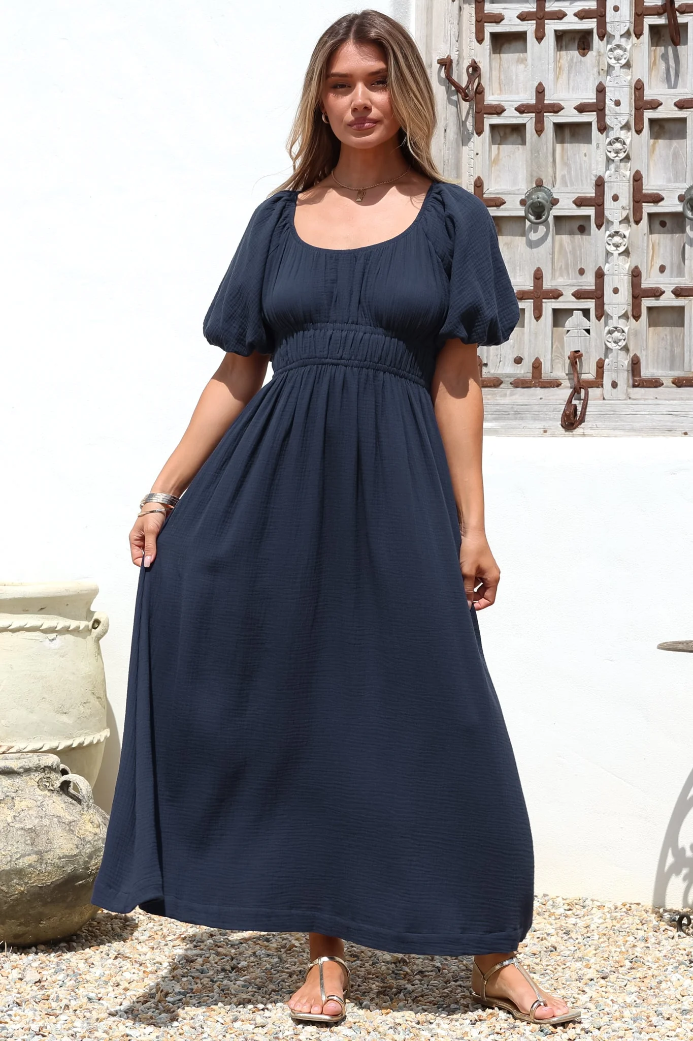 Teddie Maxi Dress - On or Off Shoulder Gathered Waist A-Line Dress in Navy - Image 8