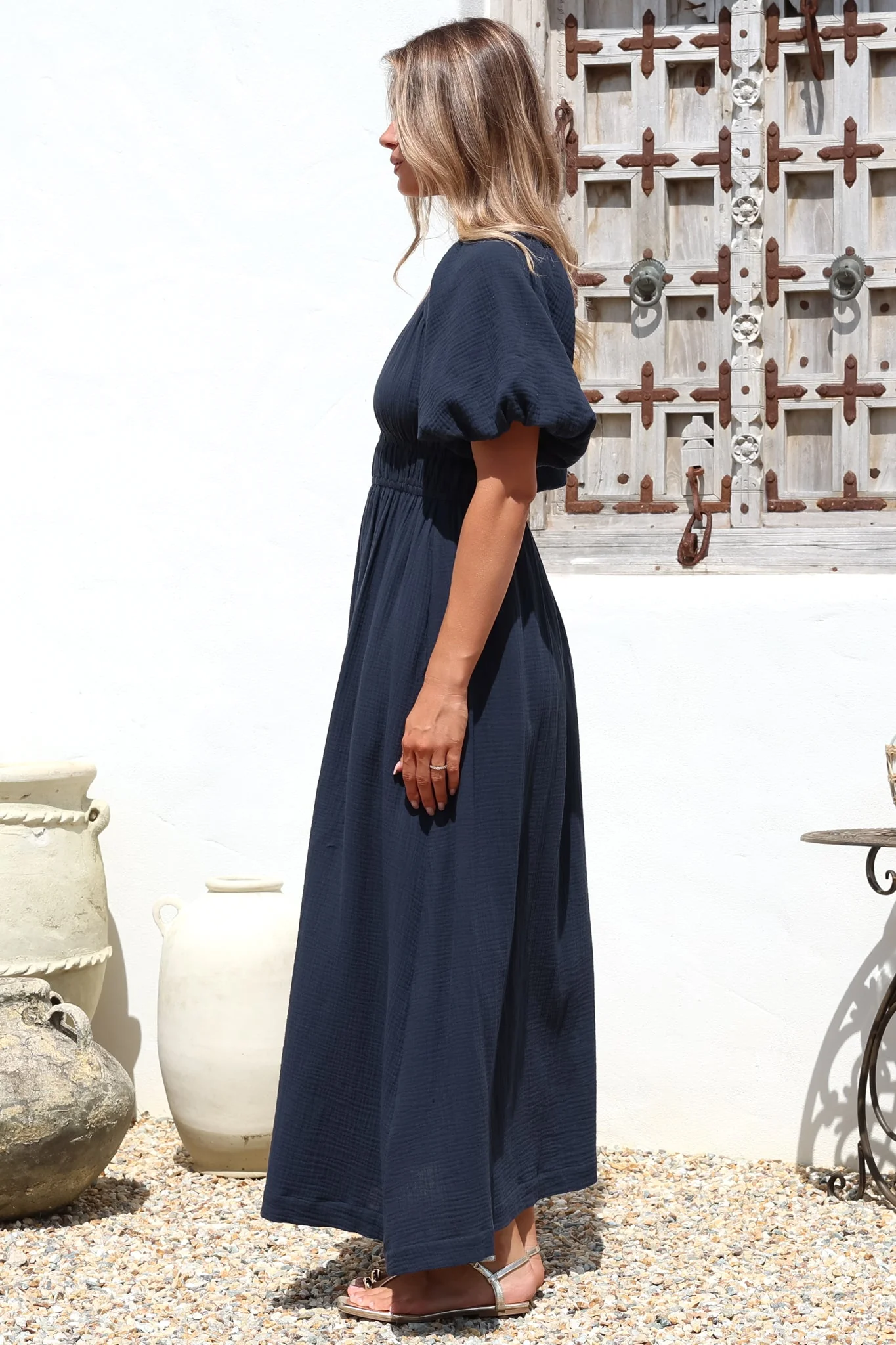 Teddie Maxi Dress - On or Off Shoulder Gathered Waist A-Line Dress in Navy - Image 9