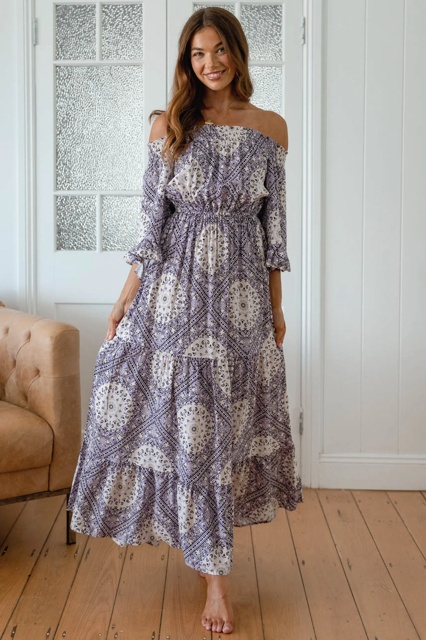 JAASE - Teegan Maxi Dress: Off Shoulder Scarf Sleeve Maxi Dress in Lilac Lullaby Print - Image 2