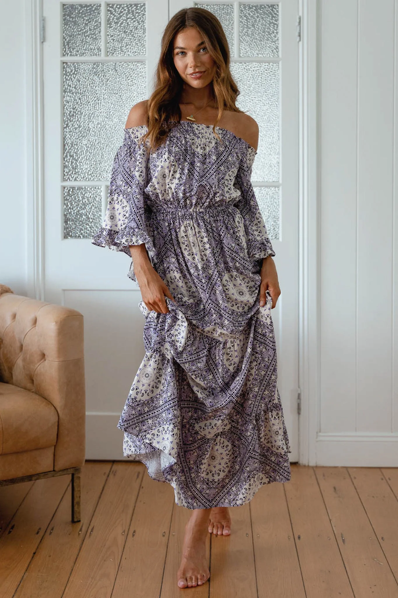JAASE - Teegan Maxi Dress: Off Shoulder Scarf Sleeve Maxi Dress in Lilac Lullaby Print - Image 4