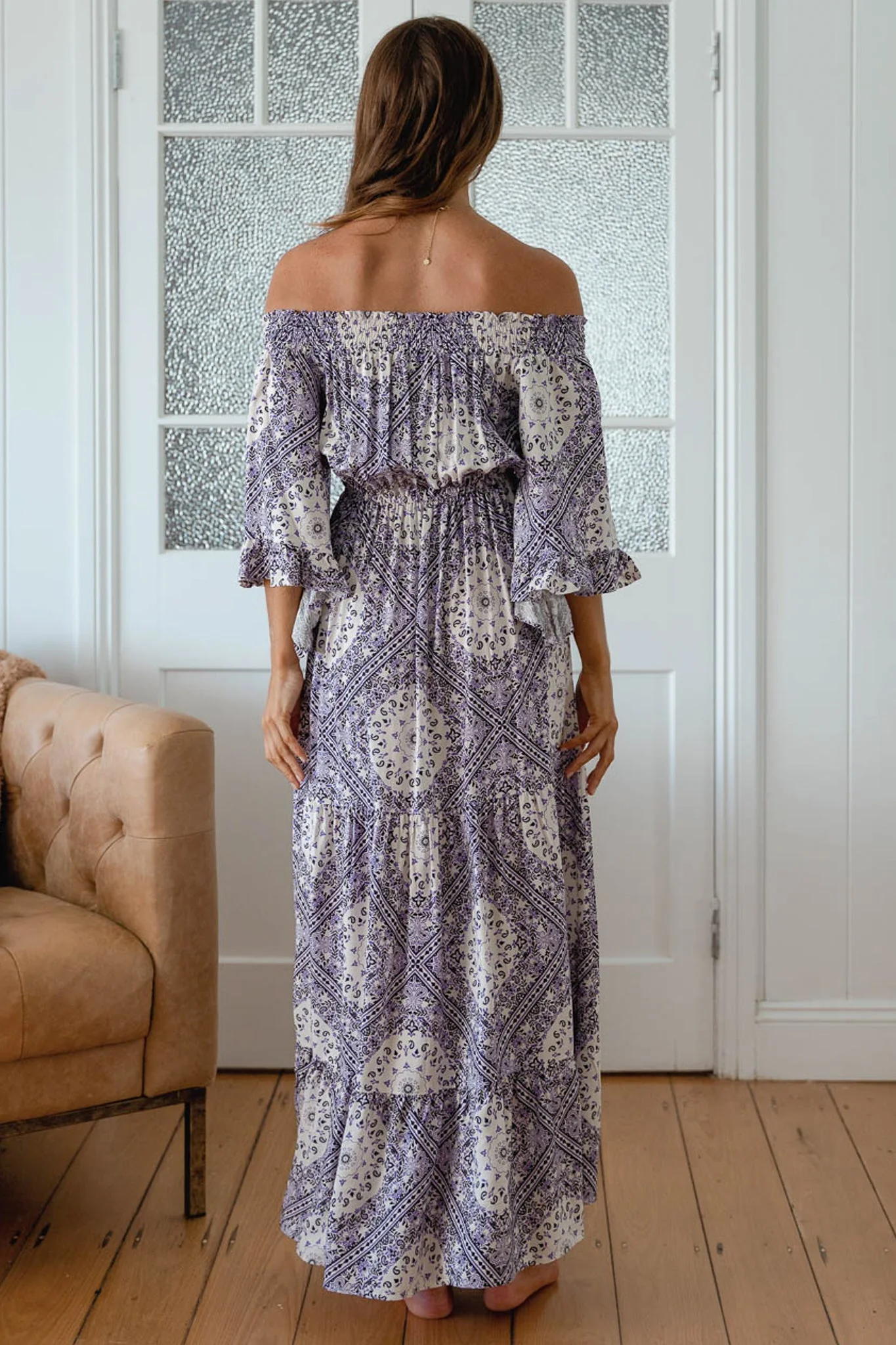 JAASE - Teegan Maxi Dress: Off Shoulder Scarf Sleeve Maxi Dress in Lilac Lullaby Print - Image 6