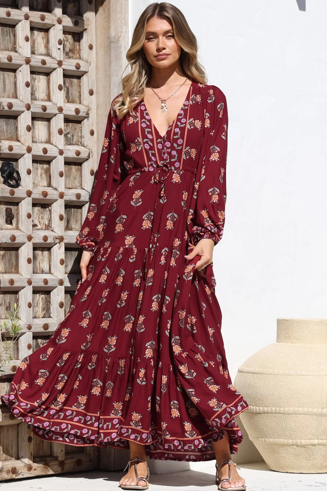 JAASE - Teresa Maxi Dress: A Line Dress with Long Balloon Sleeves in Grenache Print - Image 3