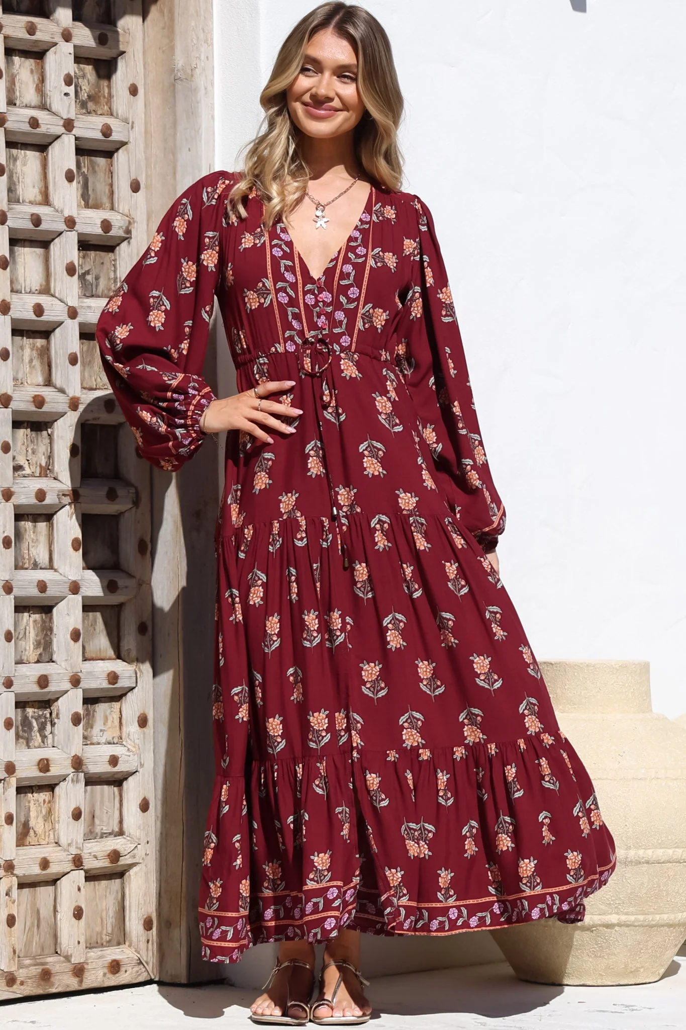JAASE - Teresa Maxi Dress: A Line Dress with Long Balloon Sleeves in Grenache Print - Image 5