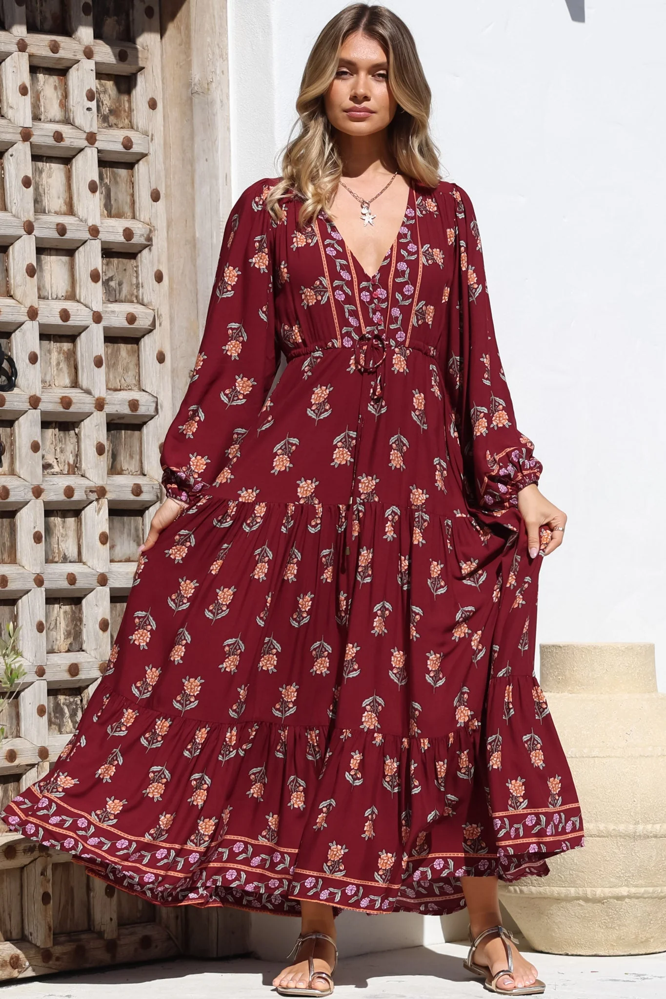 JAASE - Teresa Maxi Dress: A Line Dress with Long Balloon Sleeves in Grenache Print - Image 7