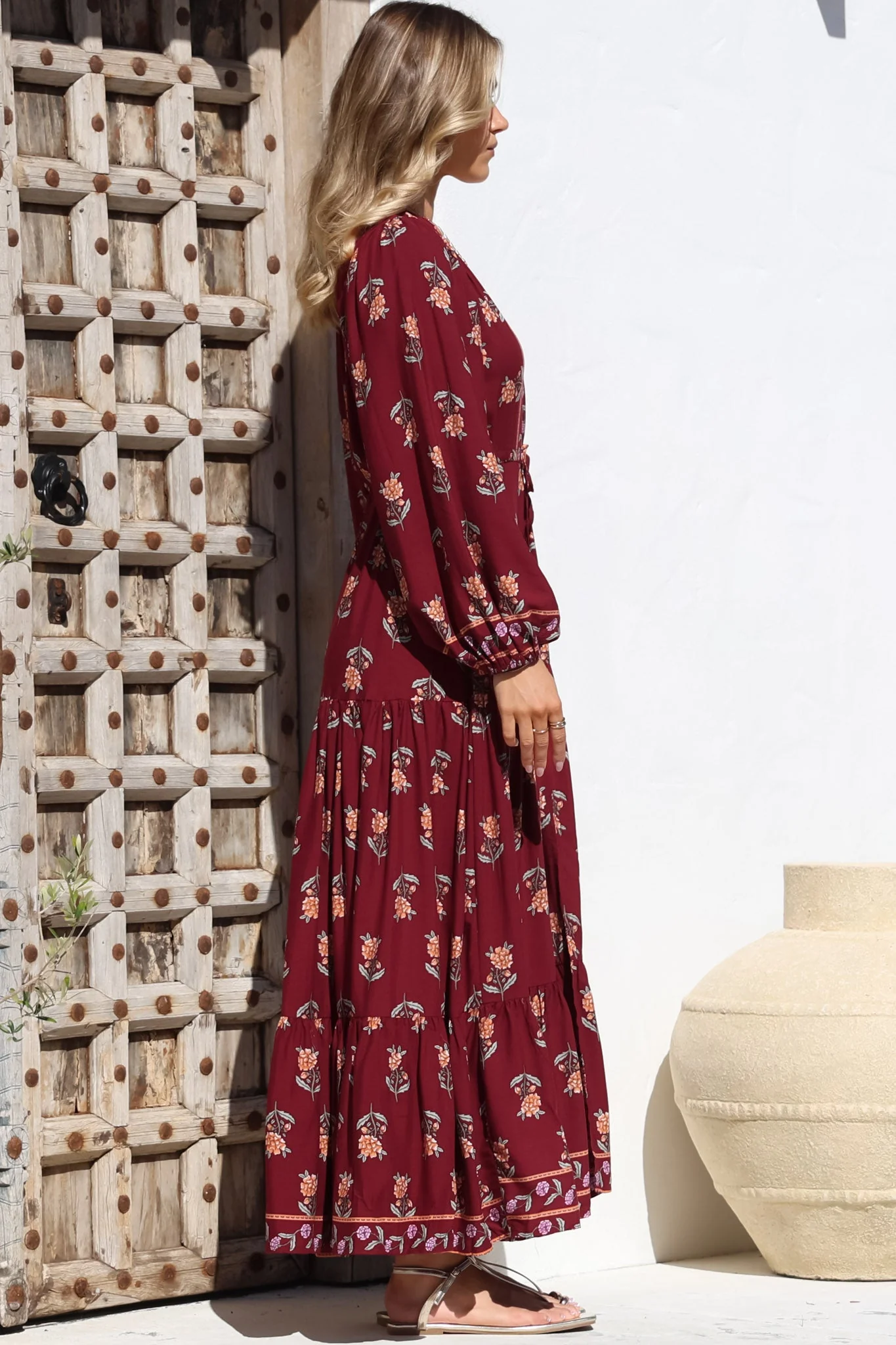 JAASE - Teresa Maxi Dress: A Line Dress with Long Balloon Sleeves in Grenache Print - Image 9