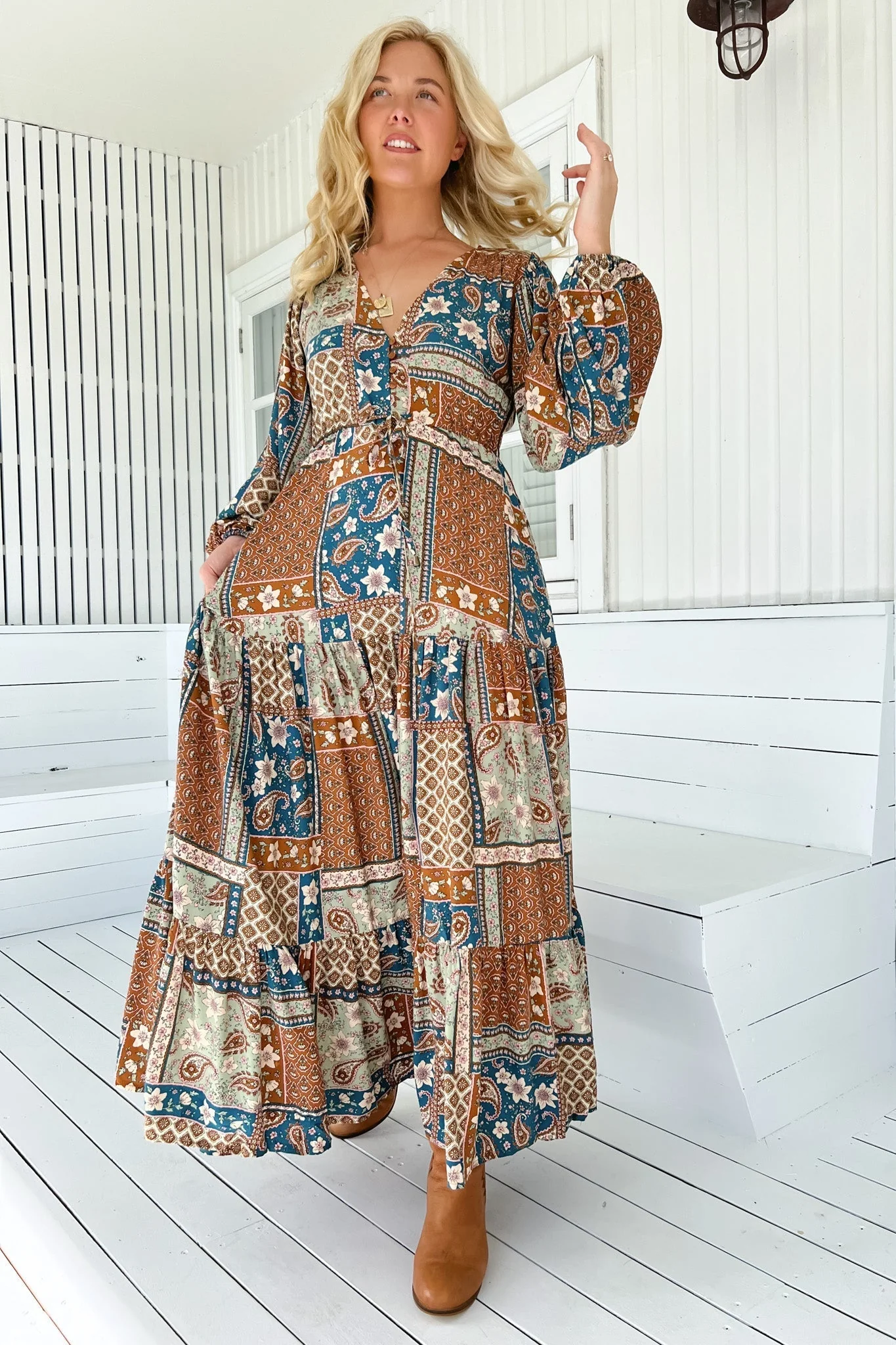 JAASE - Teresa Maxi Dress: A Line Dress with Long Balloon Sleeves in Izabelle Print - Image 5
