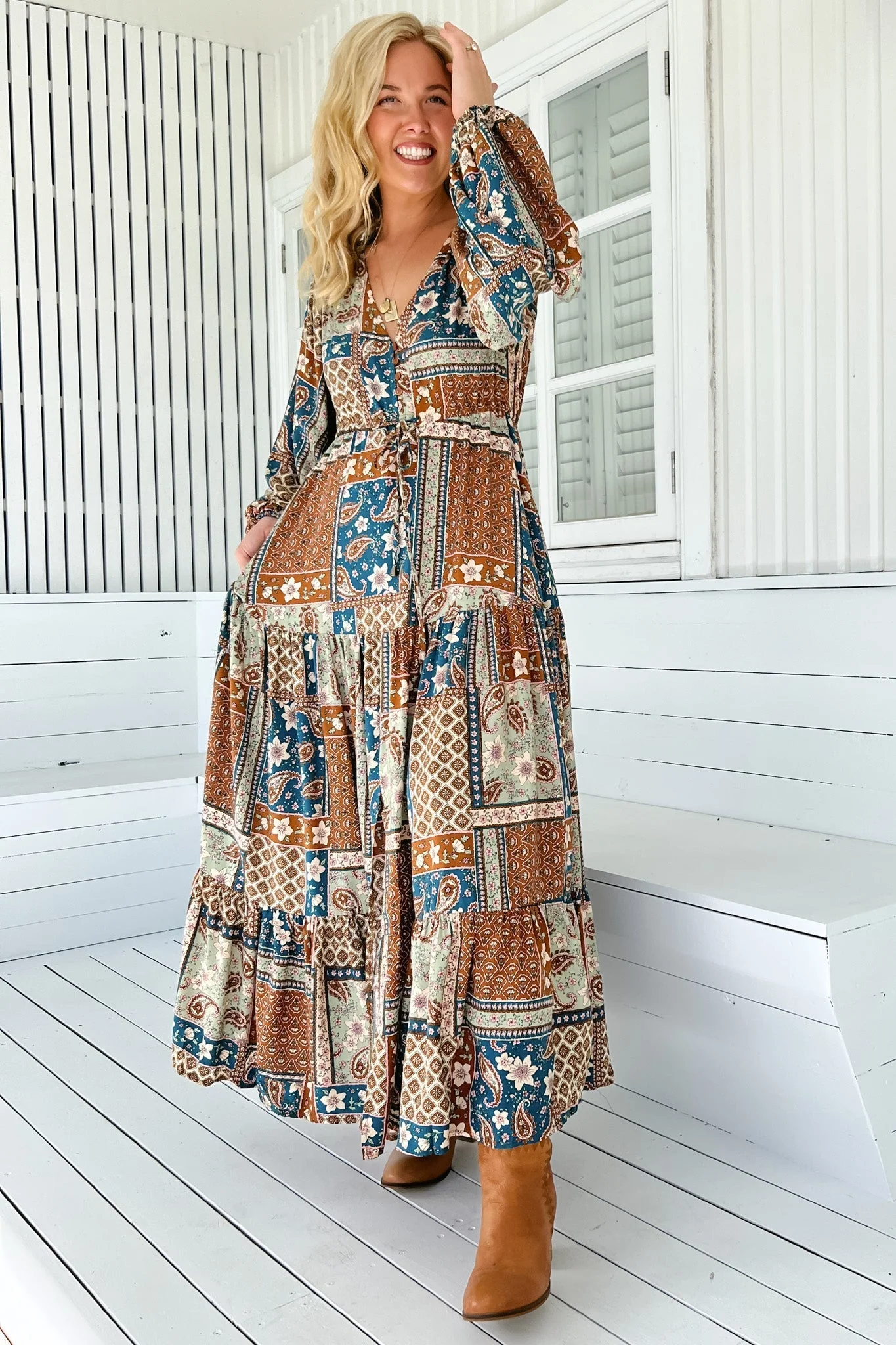 JAASE - Teresa Maxi Dress: A Line Dress with Long Balloon Sleeves in Izabelle Print - Image 6