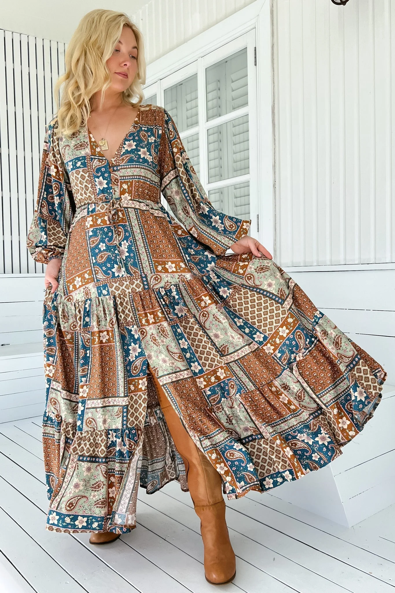 JAASE - Teresa Maxi Dress: A Line Dress with Long Balloon Sleeves in Izabelle Print - Image 7