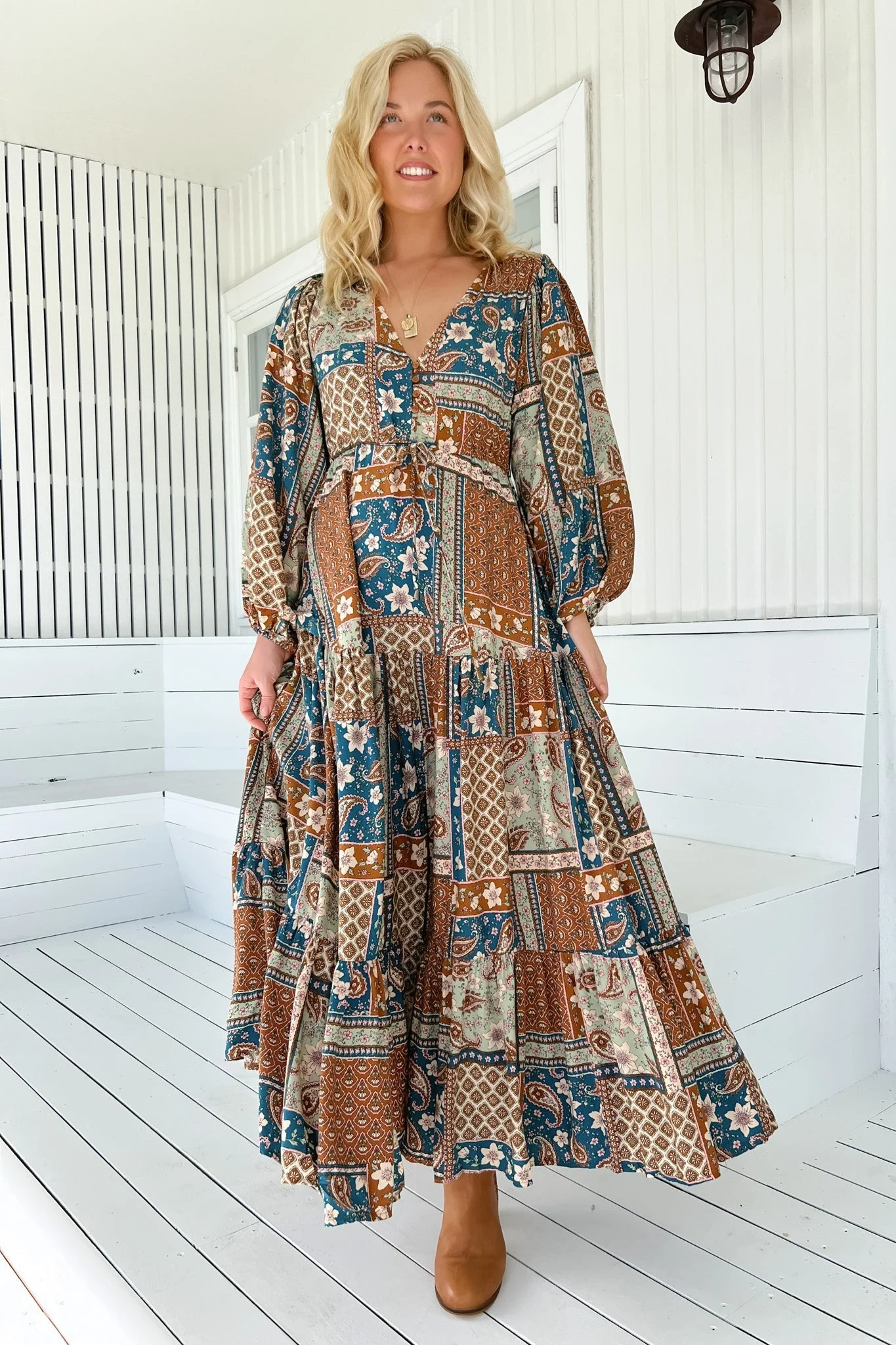 JAASE - Teresa Maxi Dress: A Line Dress with Long Balloon Sleeves in Izabelle Print - Image 8