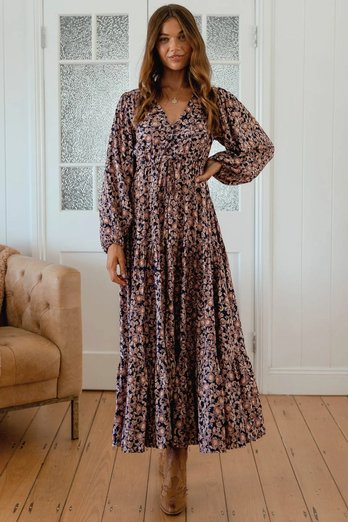 JAASE - Teresa Maxi Dress: A Line Dress with Long Balloon Sleeves in Midnight Meadow Print - Image 2