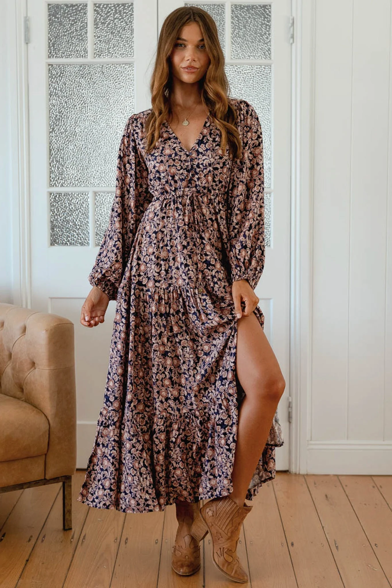 JAASE - Teresa Maxi Dress: A Line Dress with Long Balloon Sleeves in Midnight Meadow Print - Image 3
