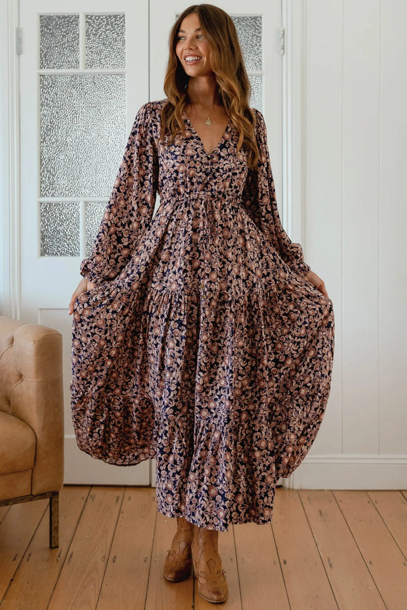 JAASE - Teresa Maxi Dress: A Line Dress with Long Balloon Sleeves in Midnight Meadow Print - Image 4