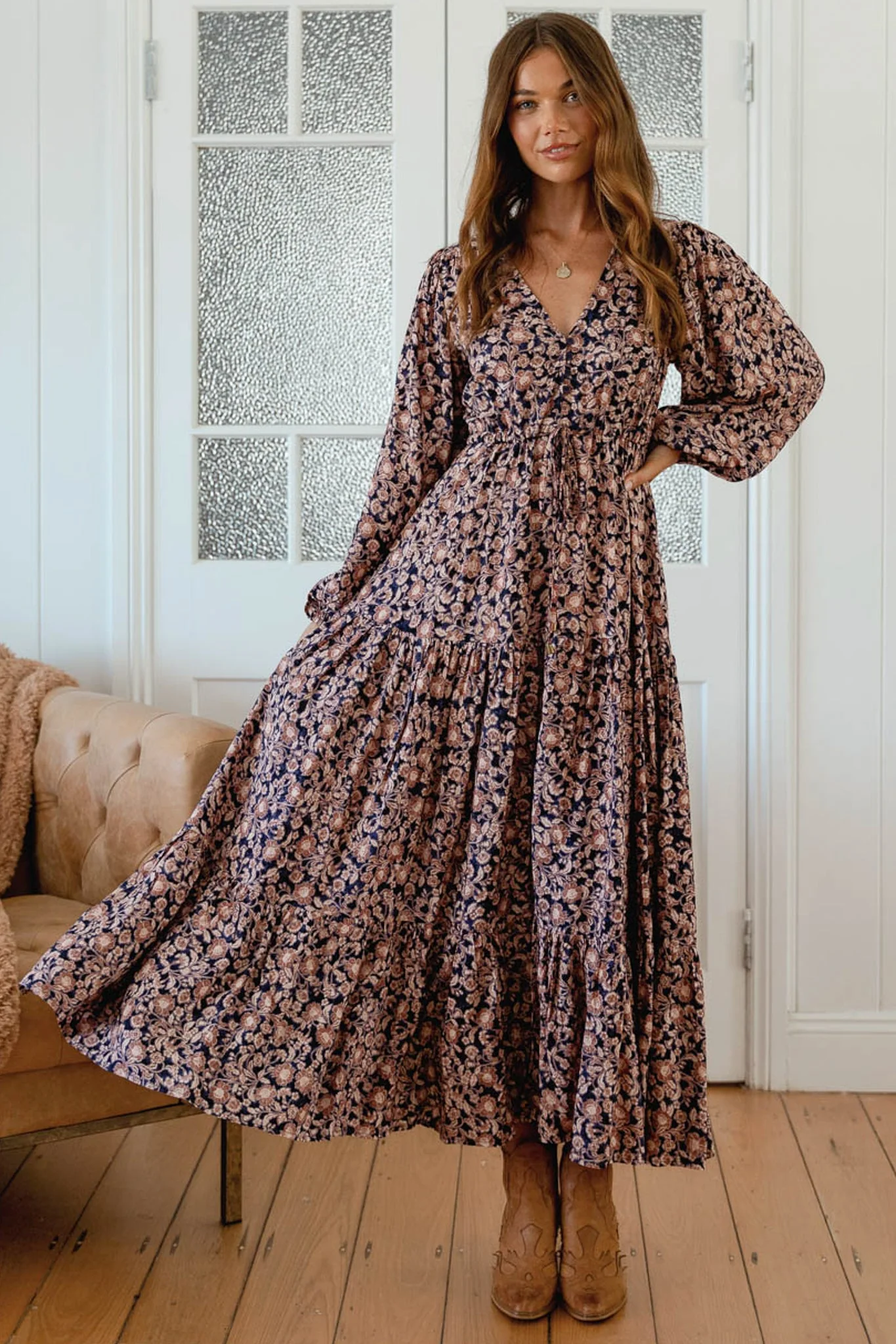 JAASE - Teresa Maxi Dress: A Line Dress with Long Balloon Sleeves in Midnight Meadow Print - Image 5