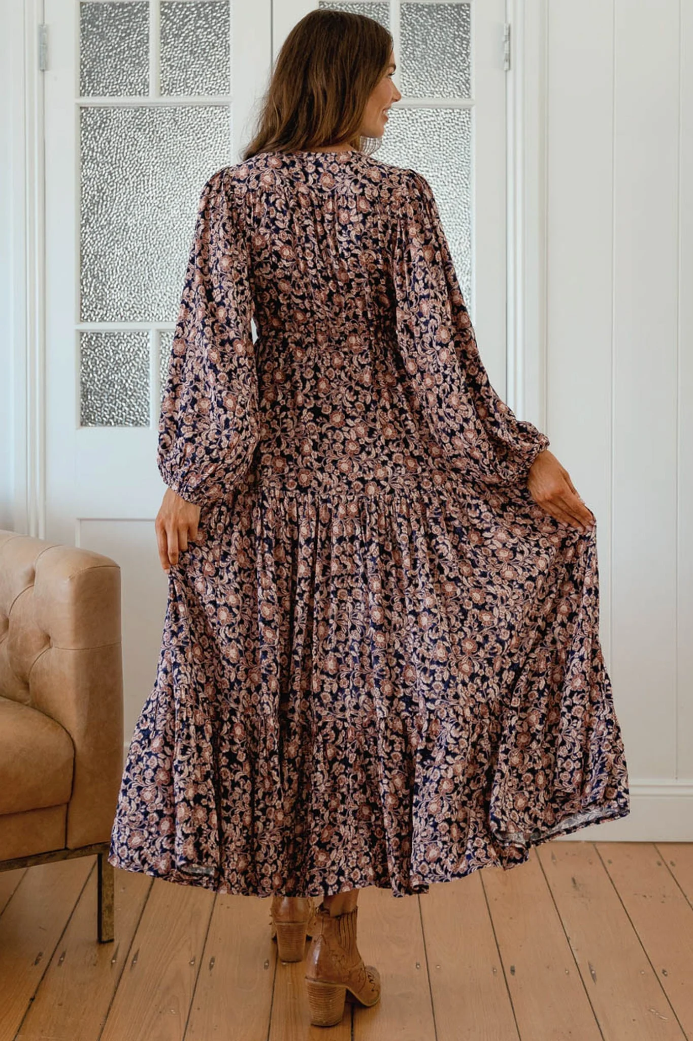 JAASE - Teresa Maxi Dress: A Line Dress with Long Balloon Sleeves in Midnight Meadow Print - Image 6