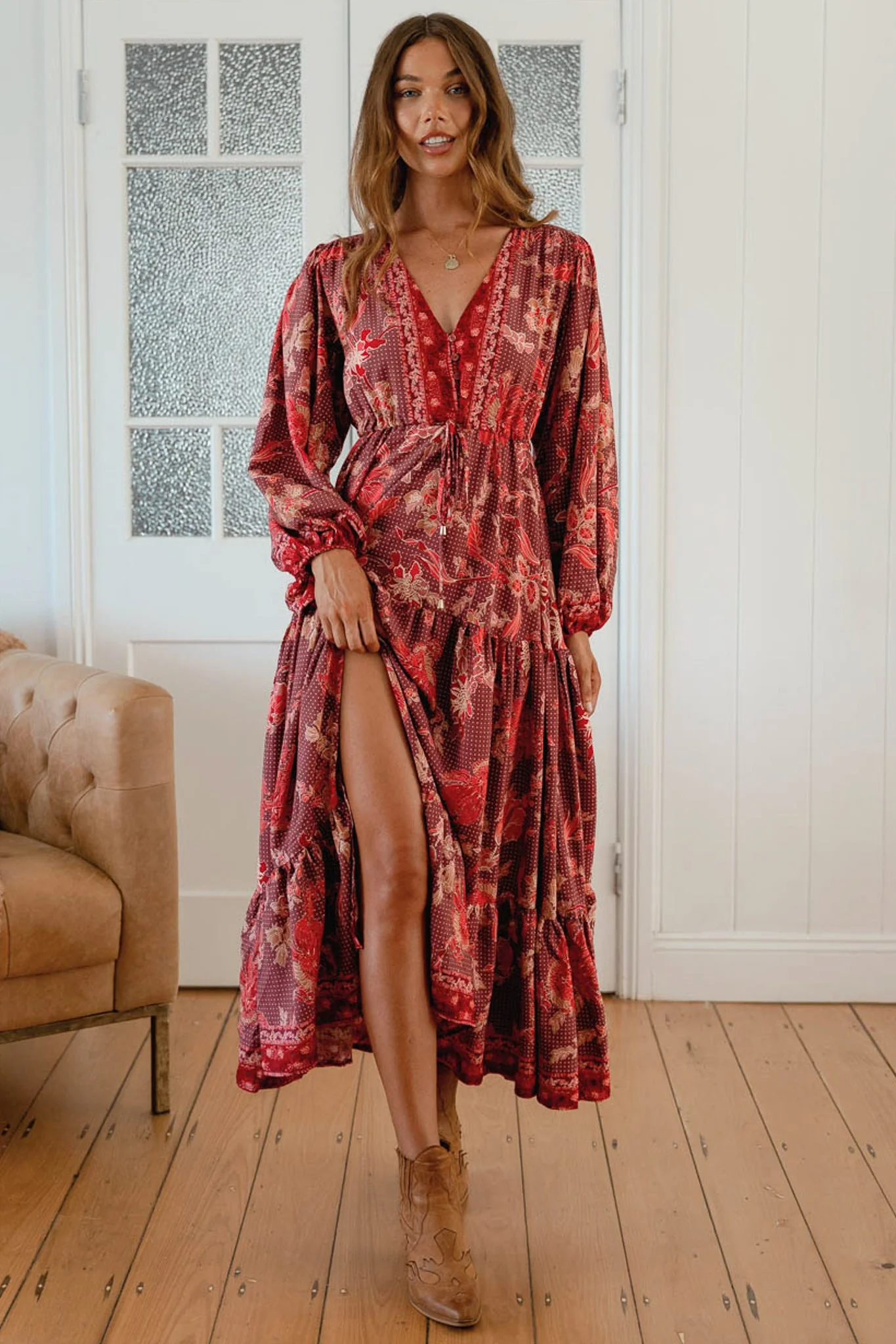 JAASE - Teresa Maxi Dress: A Line Dress with Long Balloon Sleeves in Ziggy Print - Image 2
