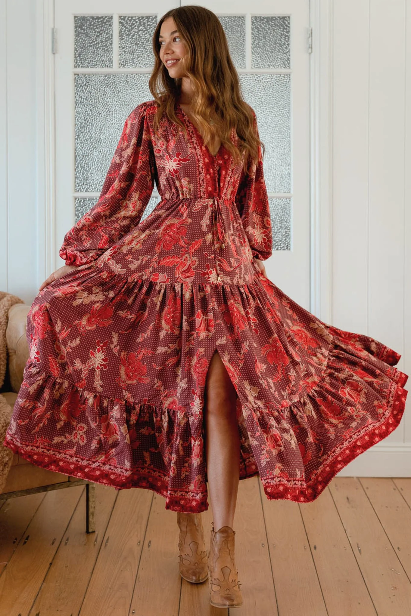 JAASE - Teresa Maxi Dress: A Line Dress with Long Balloon Sleeves in Ziggy Print - Image 3