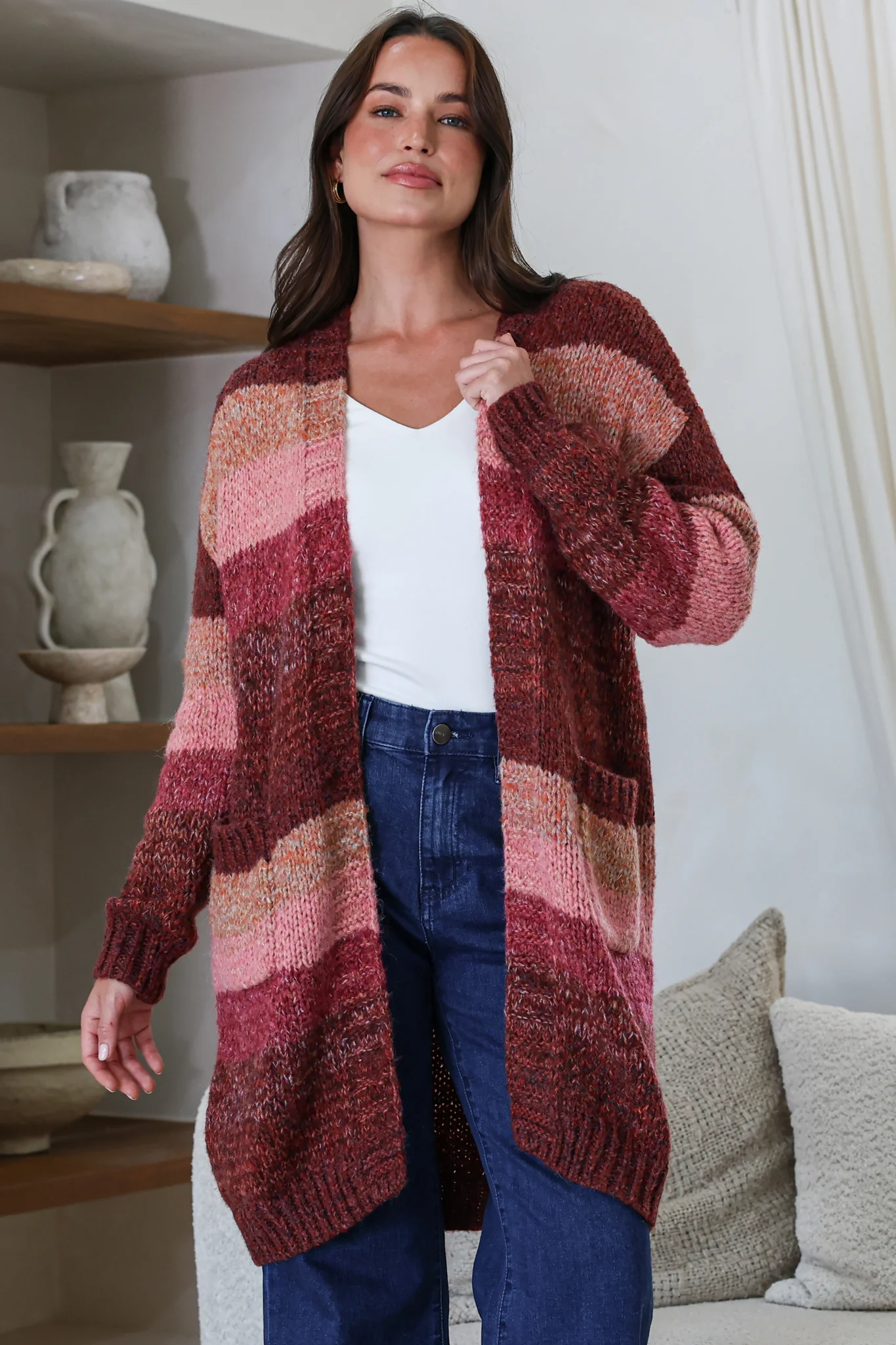 Tess Cardigan - Open Front Stripe Knit with Pockets in Wine