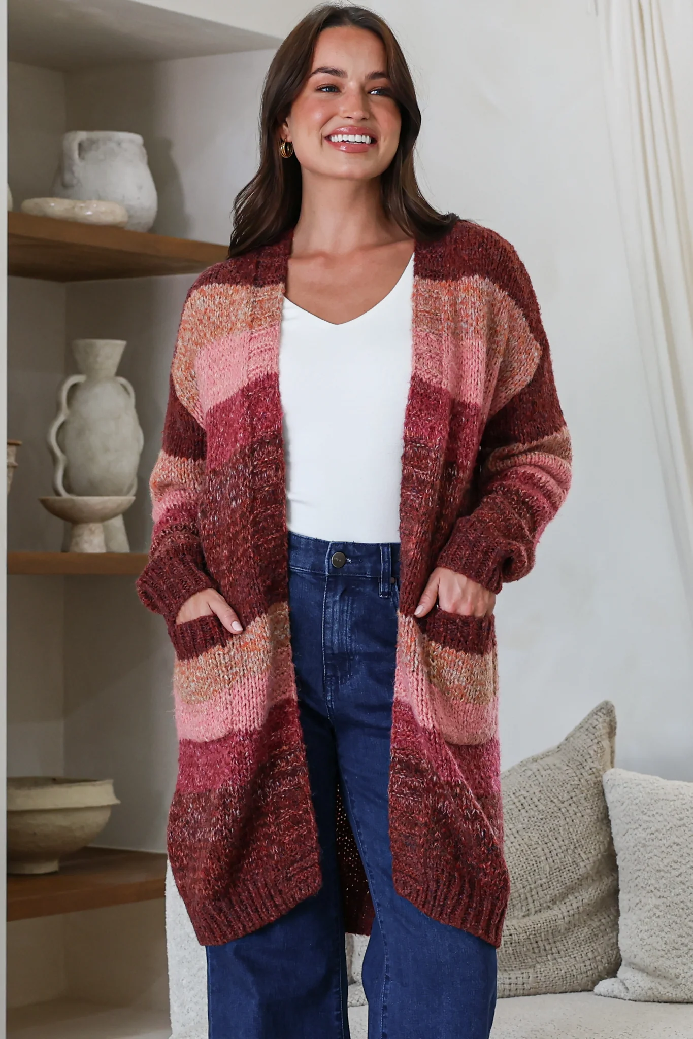 Tess Cardigan - Open Front Stripe Knit with Pockets in Wine - Image 2