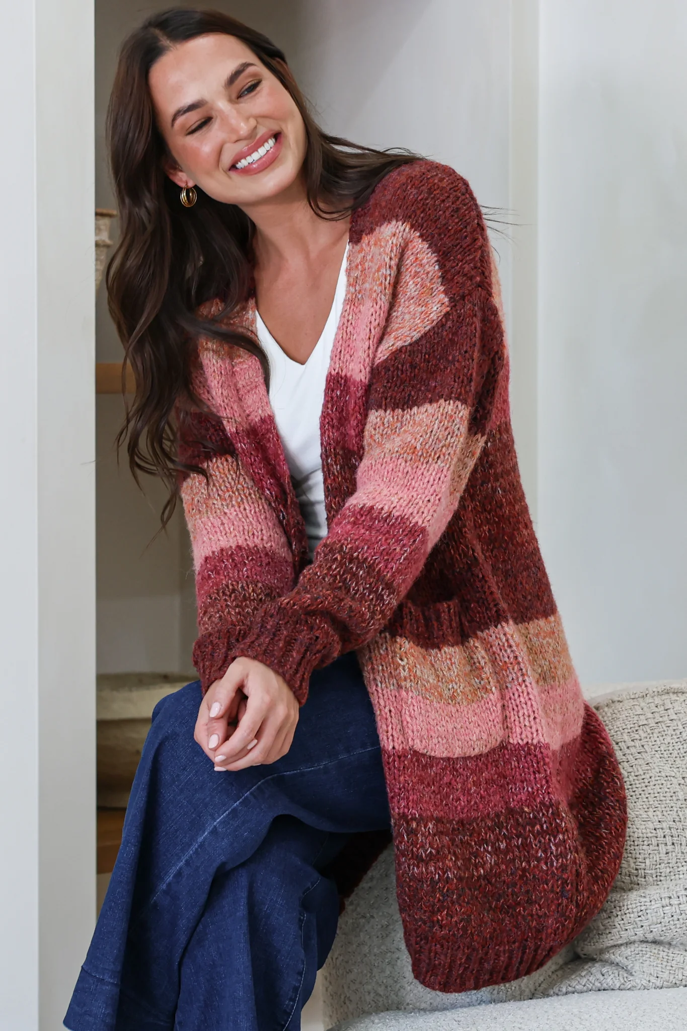 Tess Cardigan - Open Front Stripe Knit with Pockets in Wine - Image 3