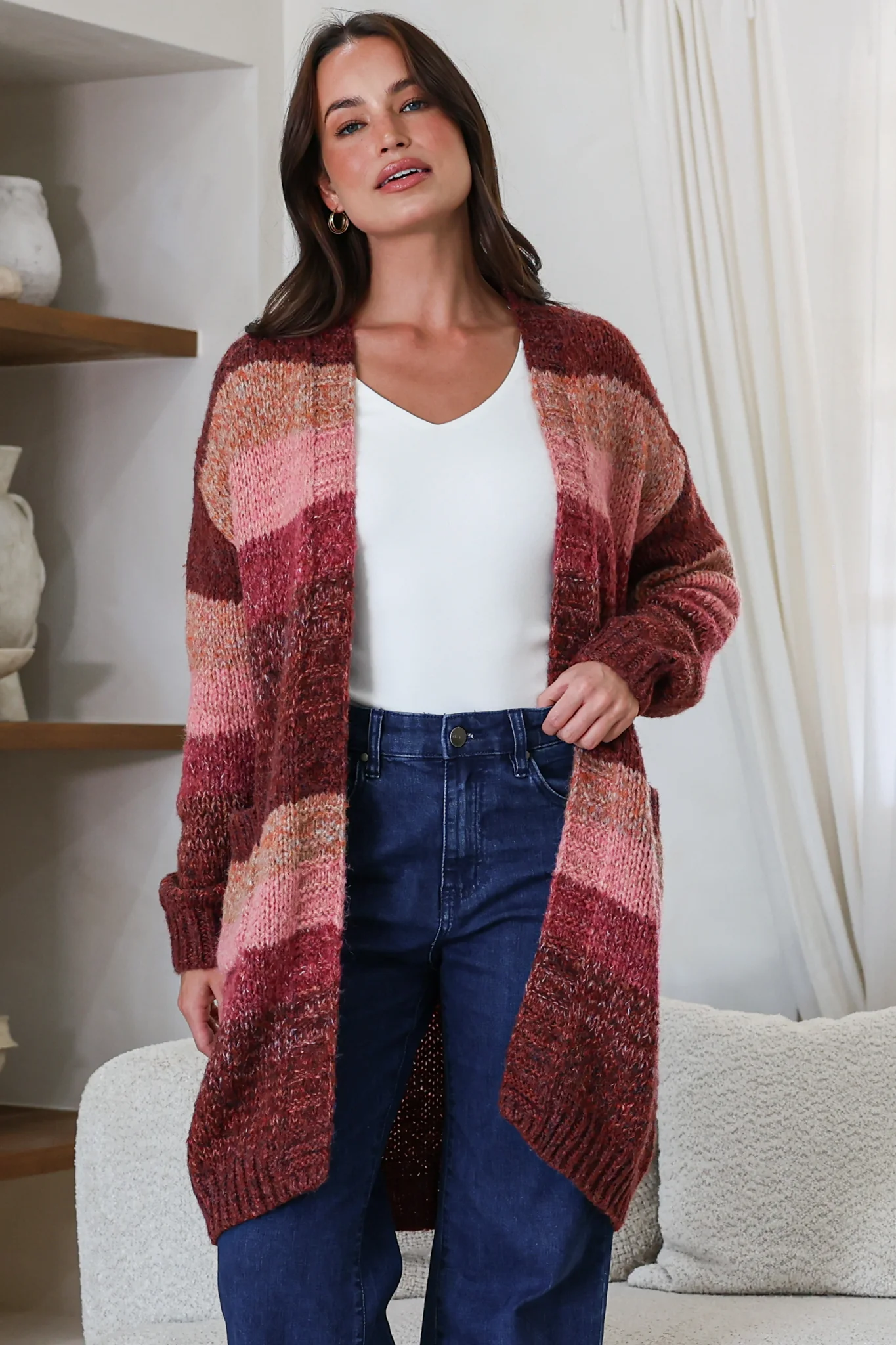 Tess Cardigan - Open Front Stripe Knit with Pockets in Wine - Image 4
