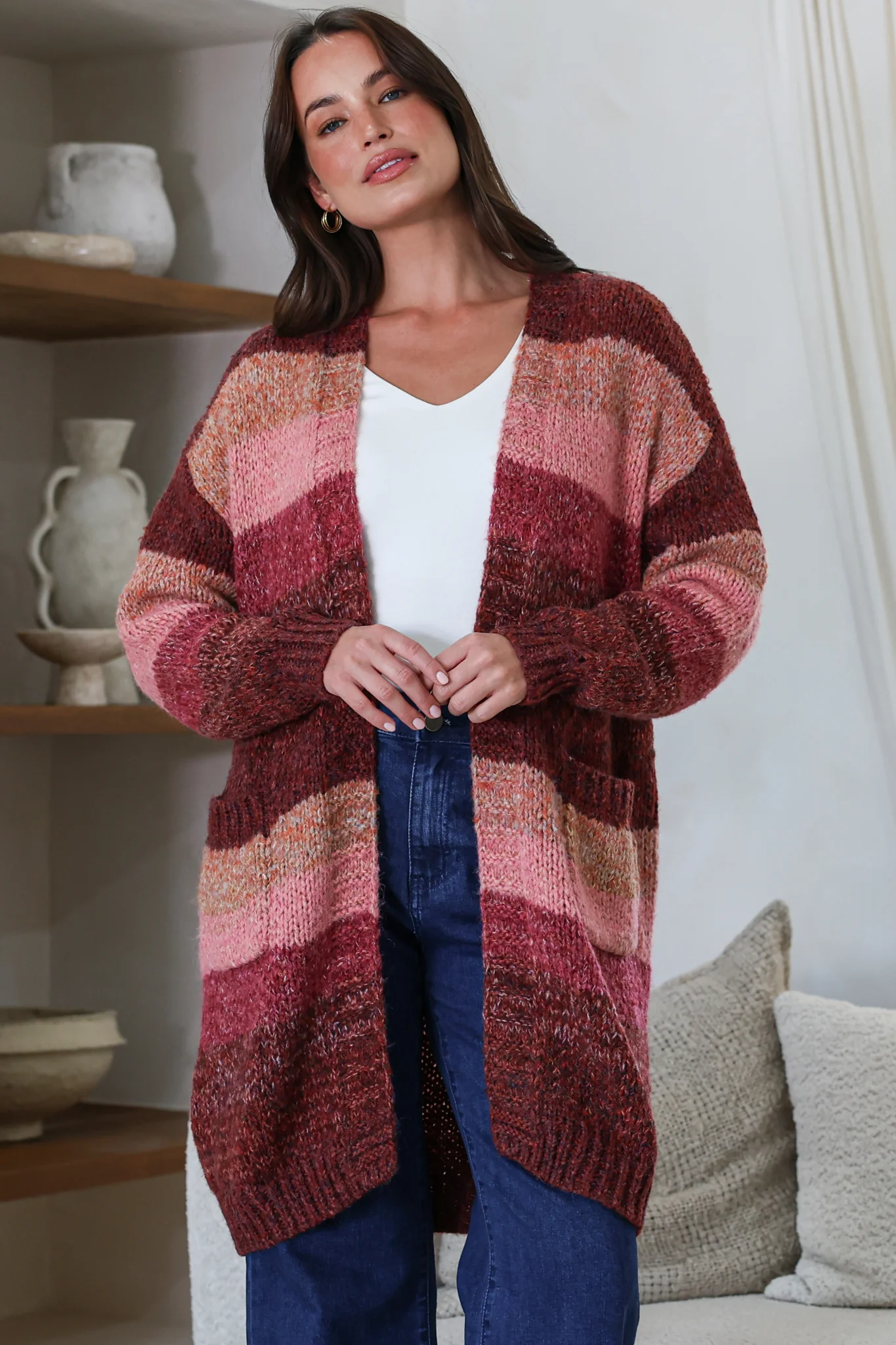 Tess Cardigan - Open Front Stripe Knit with Pockets in Wine - Image 5