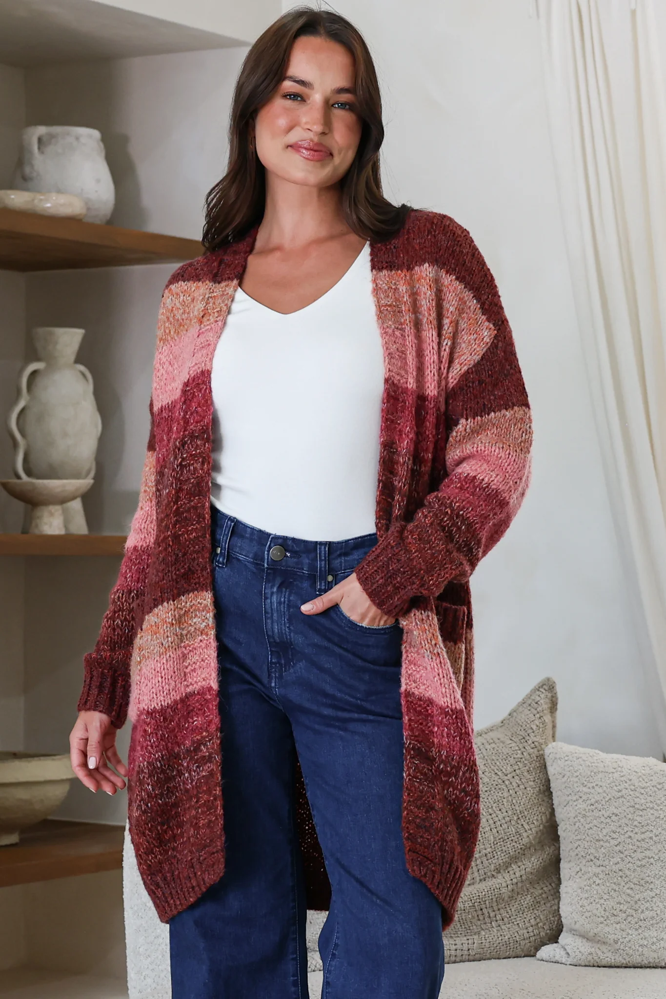 Tess Cardigan - Open Front Stripe Knit with Pockets in Wine - Image 6