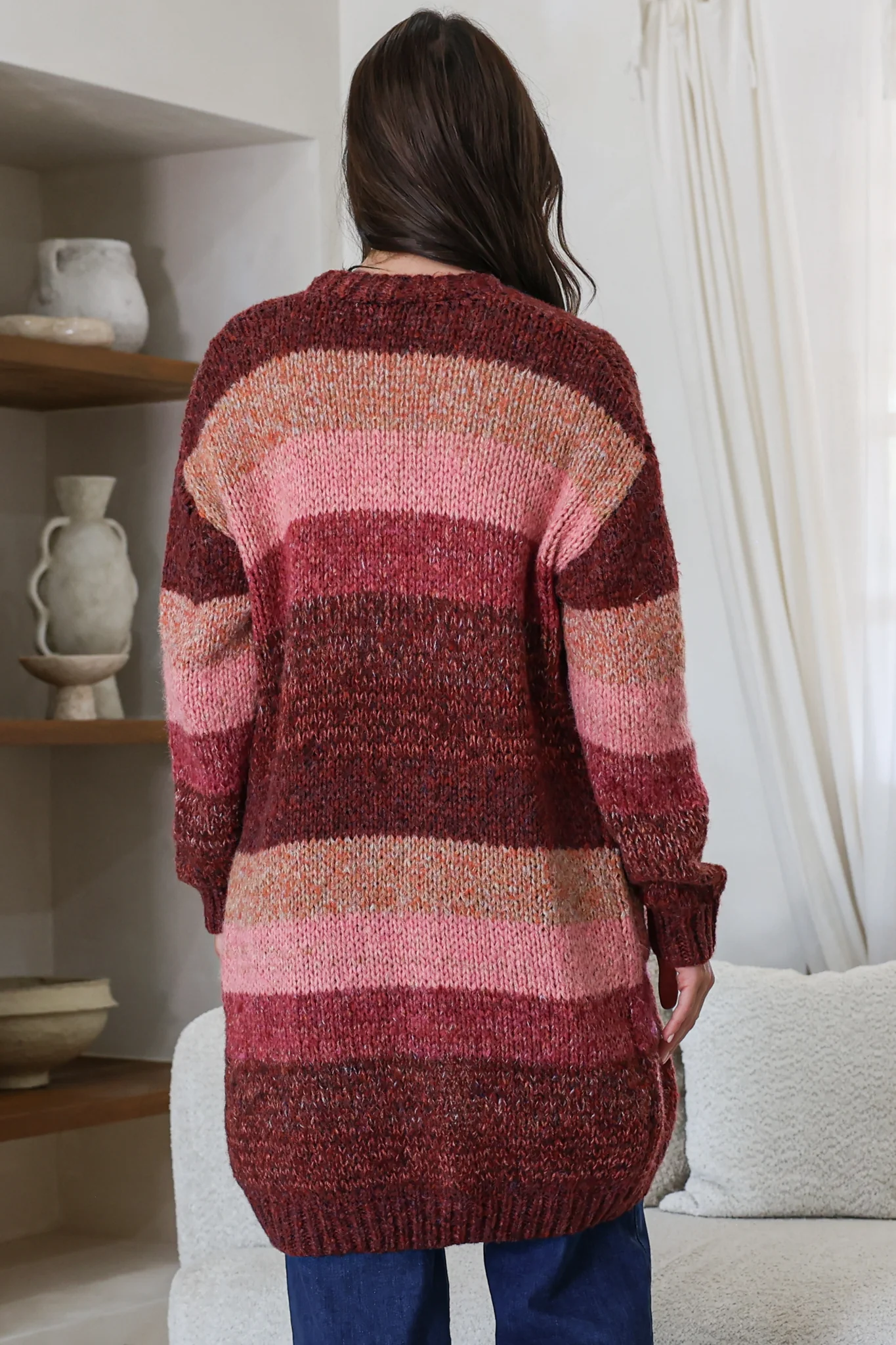 Tess Cardigan - Open Front Stripe Knit with Pockets in Wine - Image 8
