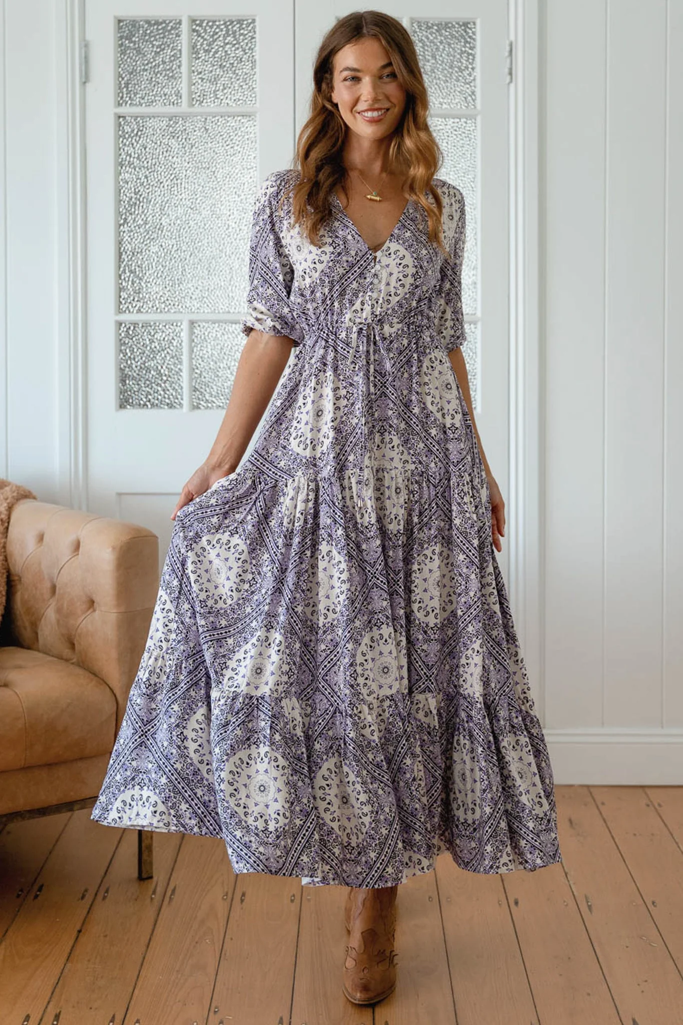 JAASE - Tessa Maxi Dress: A Line Pull Tie Waist Dress in Lilac Lullaby Print