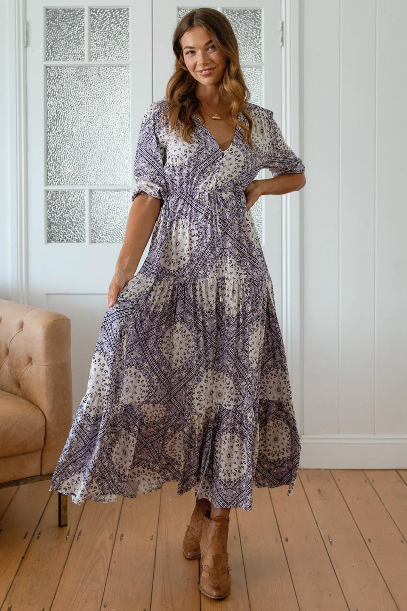 JAASE - Tessa Maxi Dress: A Line Pull Tie Waist Dress in Lilac Lullaby Print - Image 2
