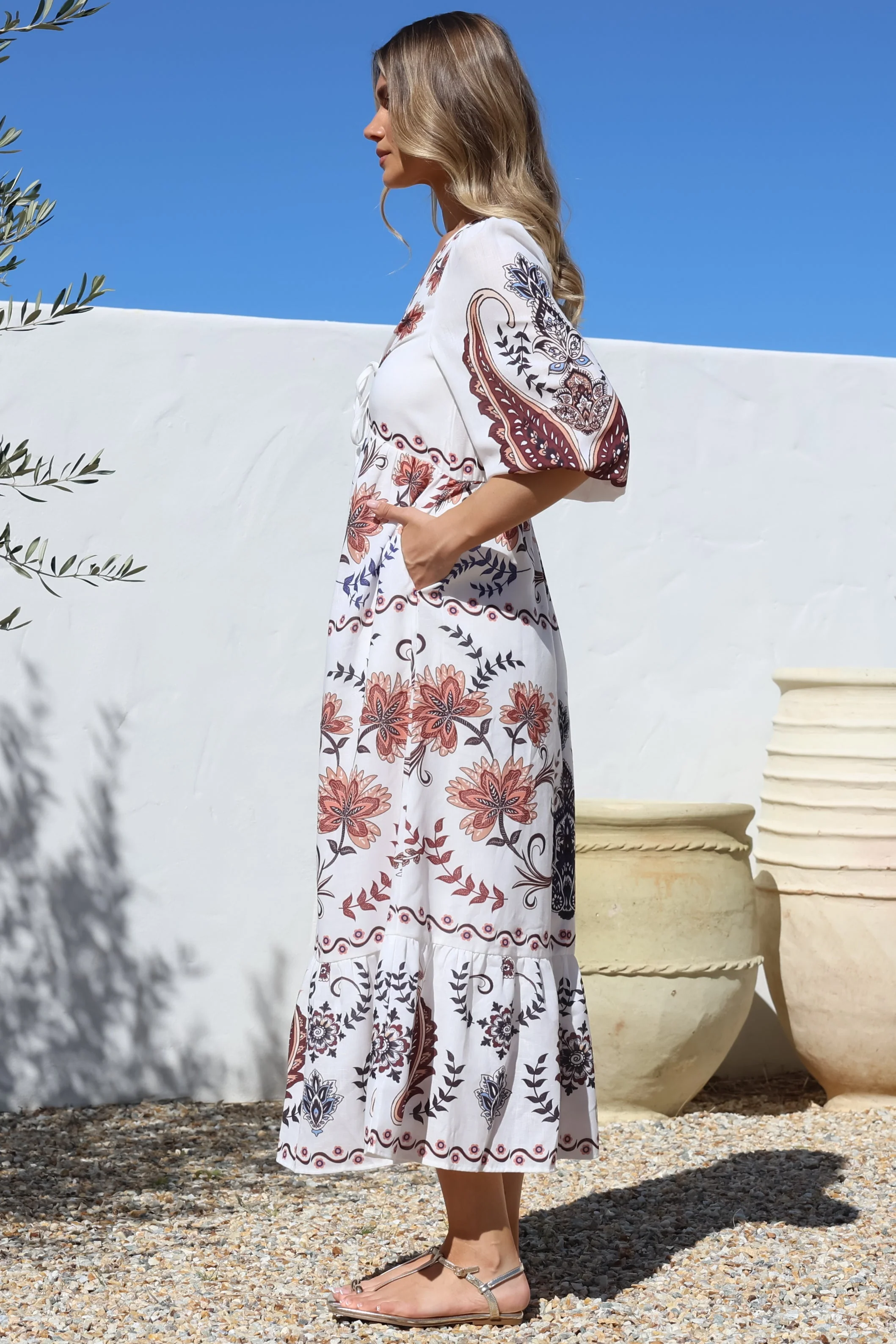 Thanya Midi Dress - V-Neck with Tie Balloon Sleeve Tiered Dress in Magah Print - Image 10