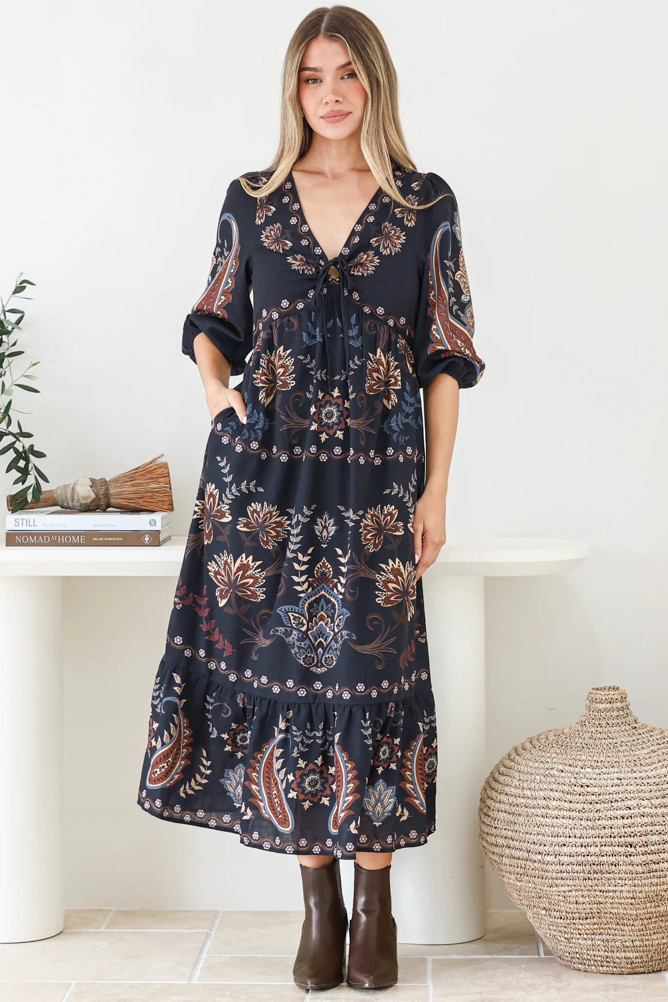 Thanya Midi Dress - V-Neck with Tie Balloon Sleeve Tiered Dress in Magah Print Navy - Image 3